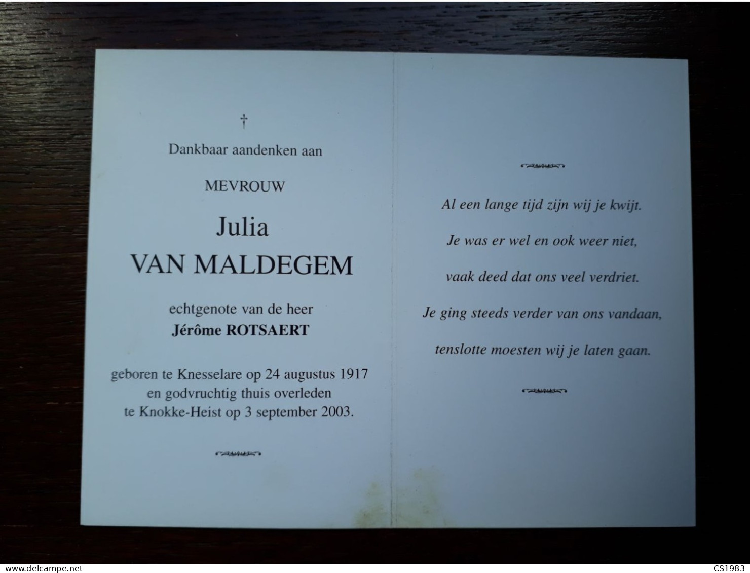 Julia Van Maldegem ° Knesselare 1917 + Knokke-Heist 2003 X Jérôme Rotsaert (Fam: Verbrugge-Roelandt-De Paepe-Lombaert) - Décès