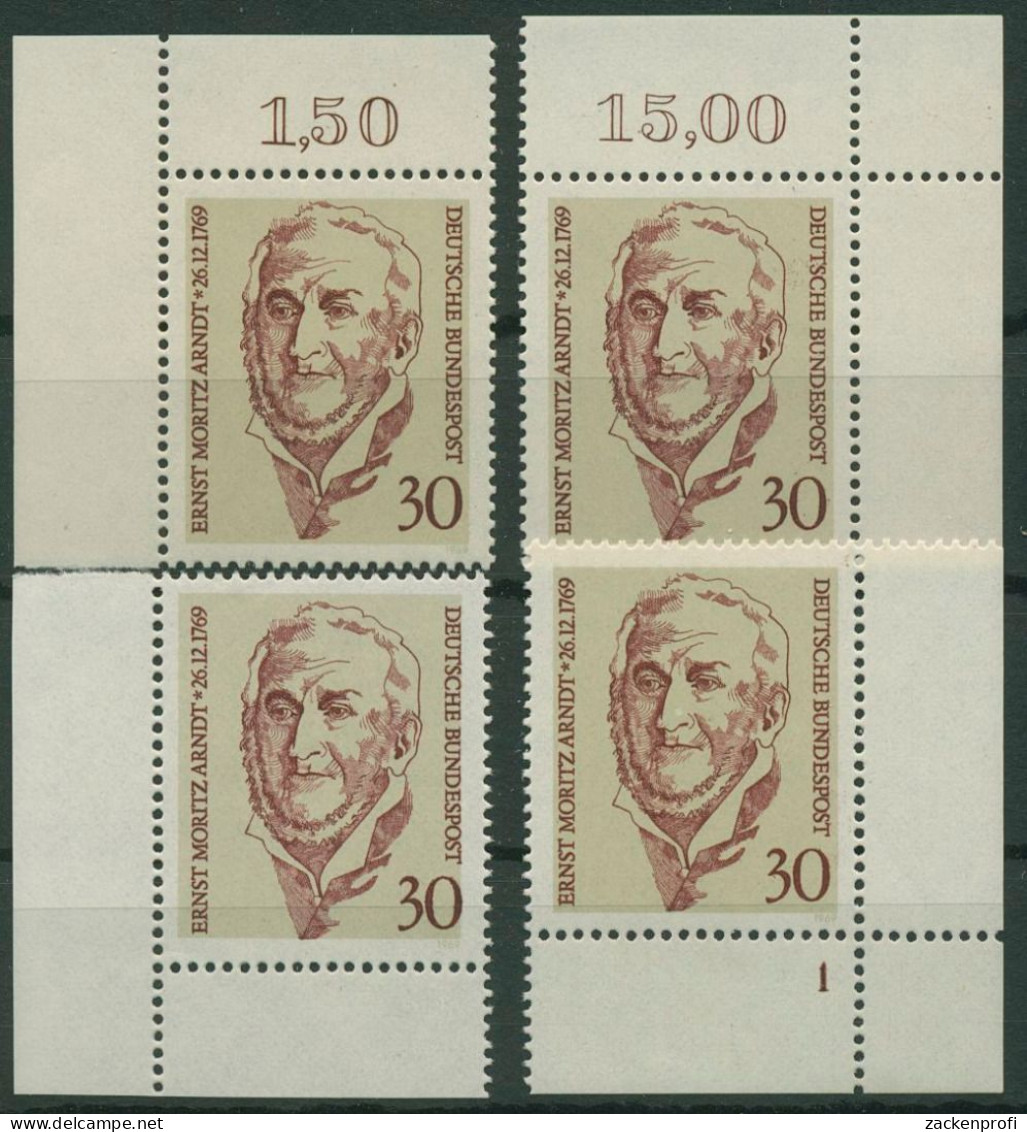 Bund 1969 200. Geb. Ernst Moritz Arndt 611 Alle 4 Ecken Postfrisch (E782) - Neufs