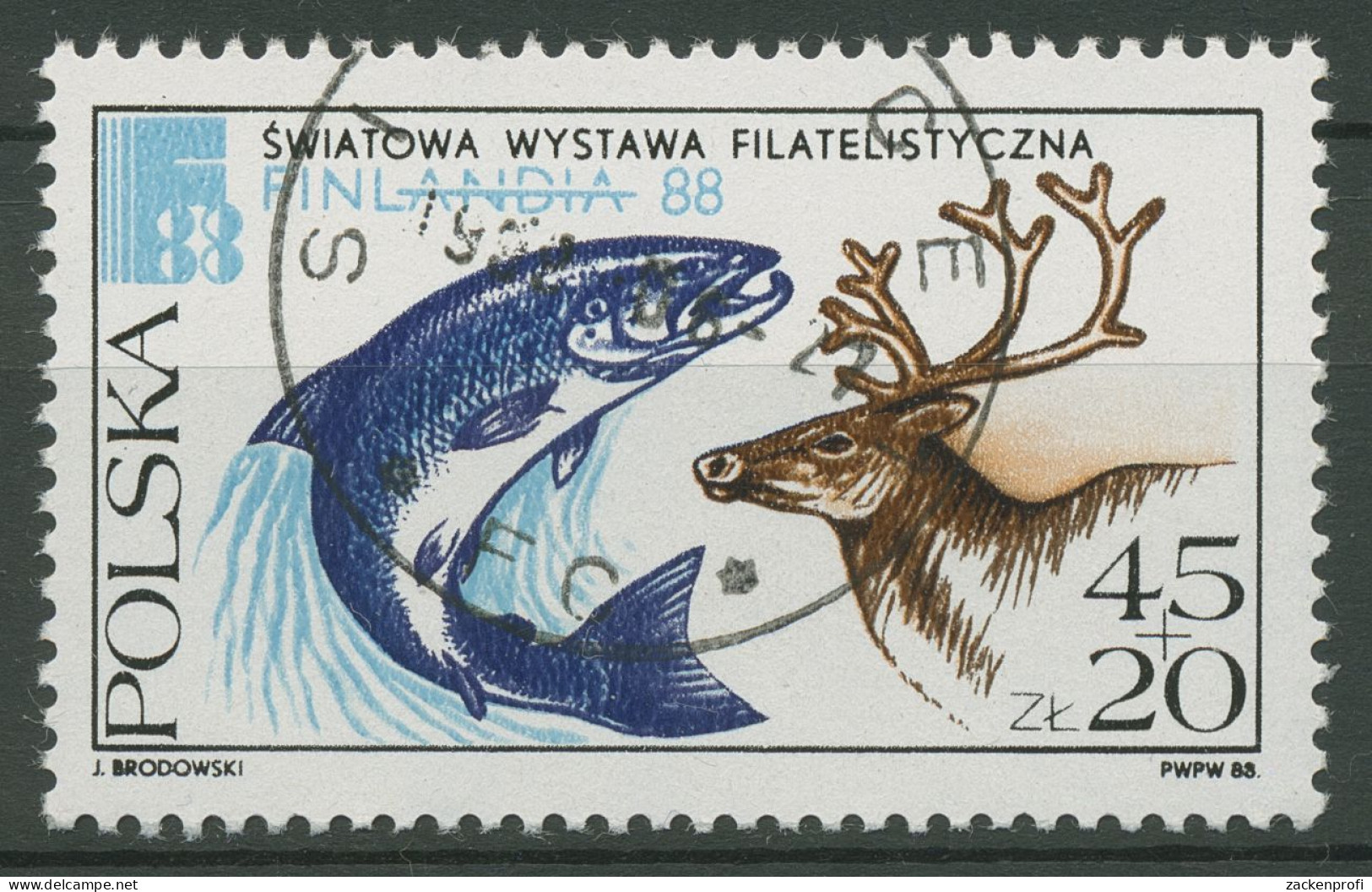 Polen 1988 Briefmarkenausstellung FINLANDIA Lachs Rentier 3148 Gestempelt - Gebruikt