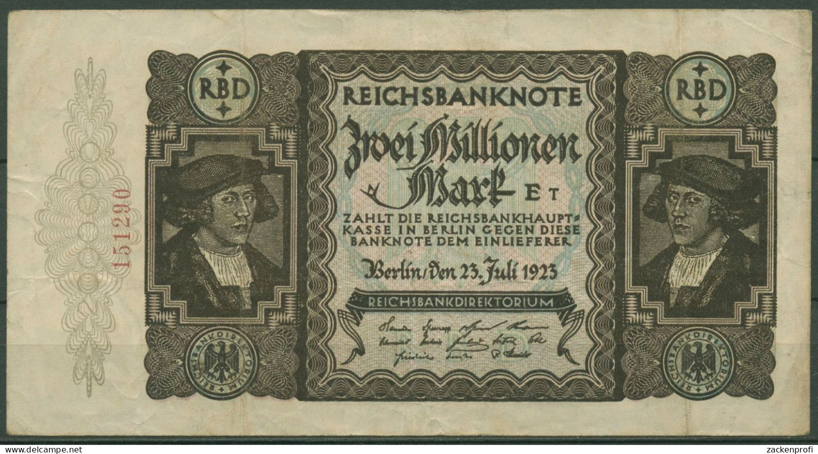 Dt. Reich 2 Millionen Mark 1923, DEU-101a, Gebraucht (K1332) - 2 Mio. Mark