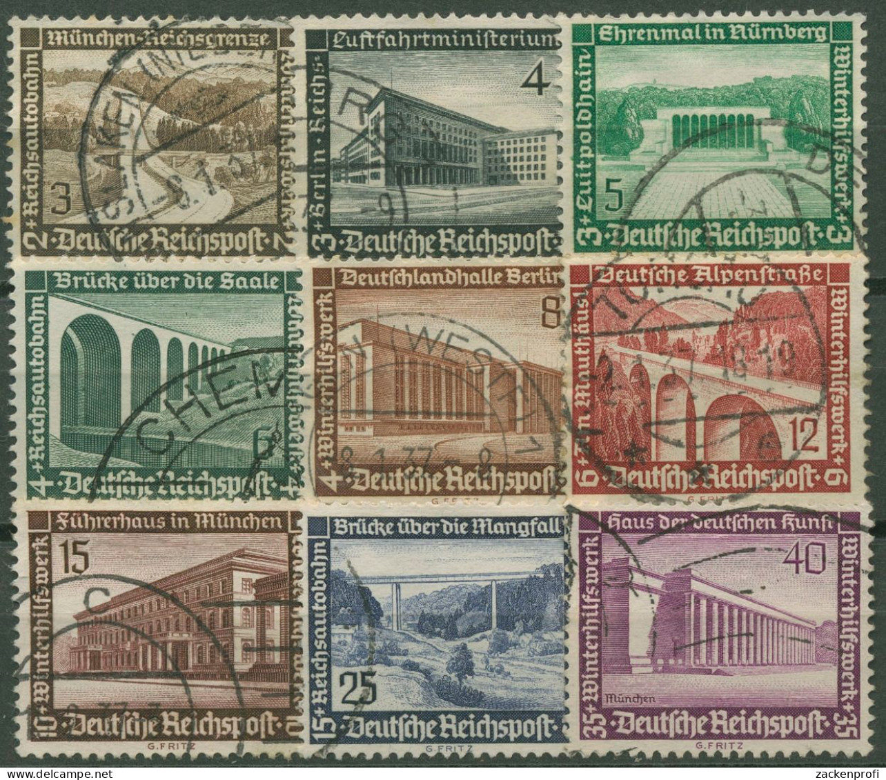 Dt. Reich 1936 WHW Moderne Bauten 634/42 Gestempelt, Z. T. Kl. Fehler (R80691) - Usados