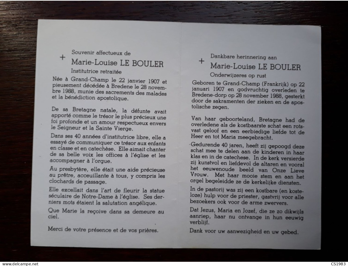 Onderwijzeres Op Rust - Marie-Louise Le Bouler ° Grand-Champ (Frankrijk) 1907 + Bredene-dorp 1988 - Décès