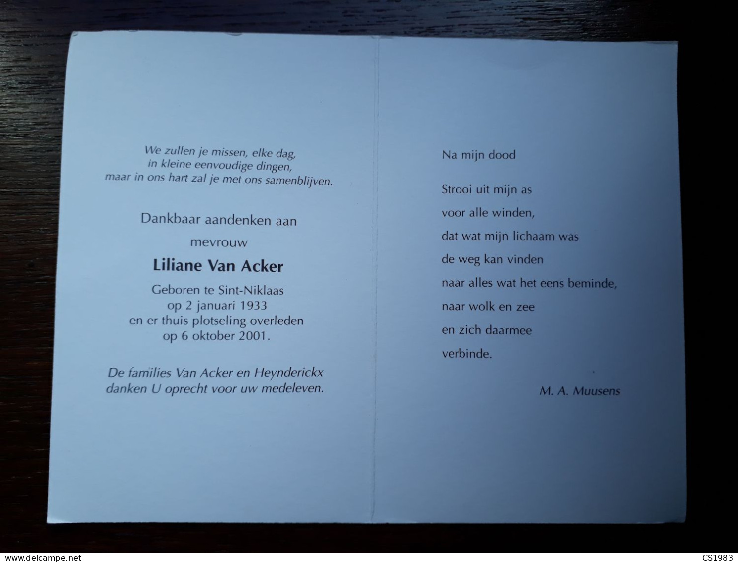 Liliane Van Acker ° Sint-Niklaas 1933 + Sint-Niklaas 2001 (Fam: Heynderickx) - Todesanzeige