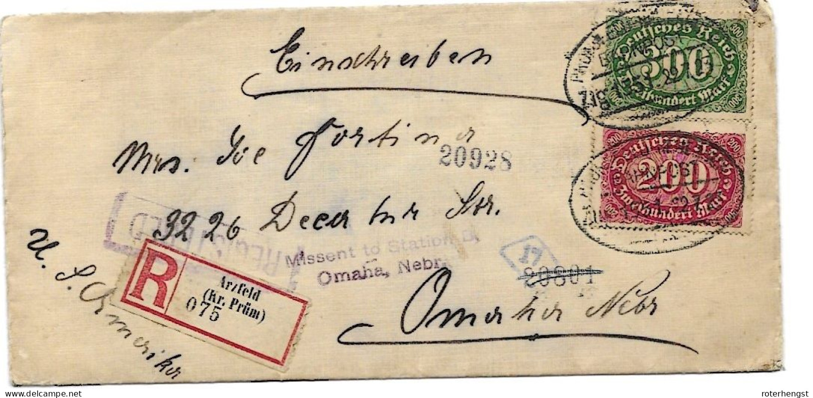 Infla Letter 22.7.1923 Arzfeld Registered To USA  Bahnpost Zug 1351 - Briefe U. Dokumente