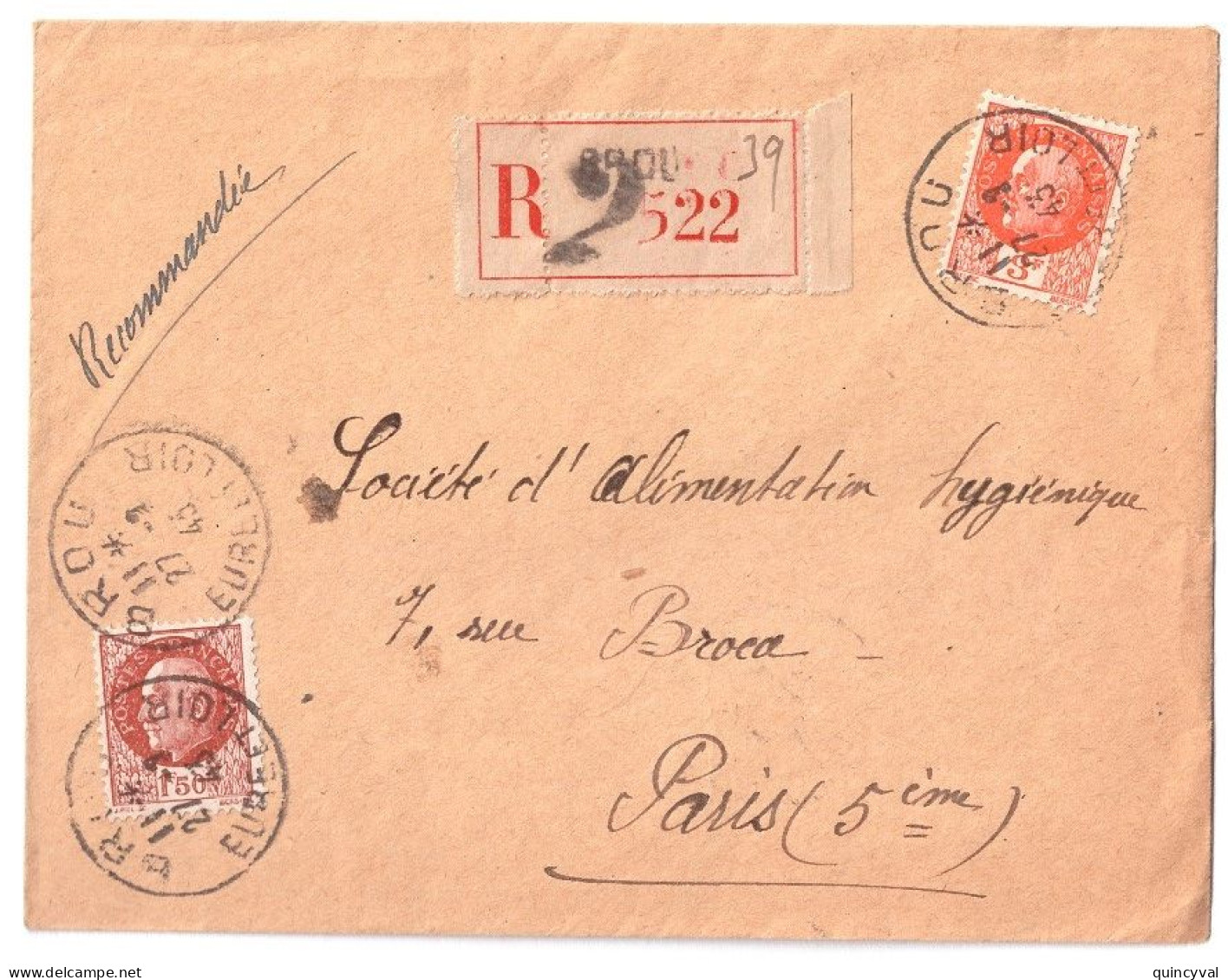 BROU Eure Et Loir Lettre Recommandée Pétain 3 F Et 1,50 F Yv 517 521 Ob 27 3 1943 - 1877-1920: Période Semi Moderne