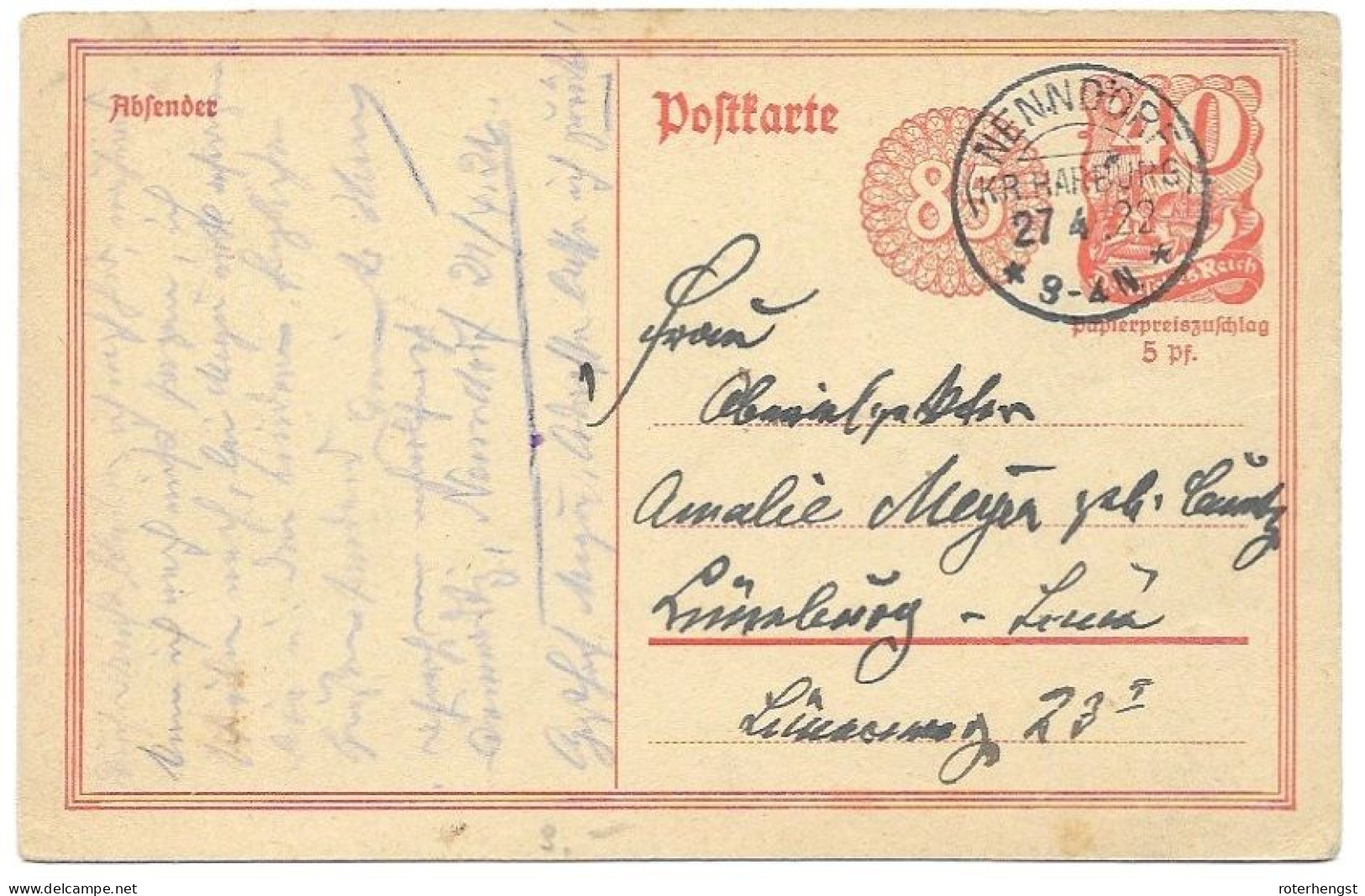 Infla Stationery Card Nenndorf 1922 To Lueneburg - Brieven En Documenten