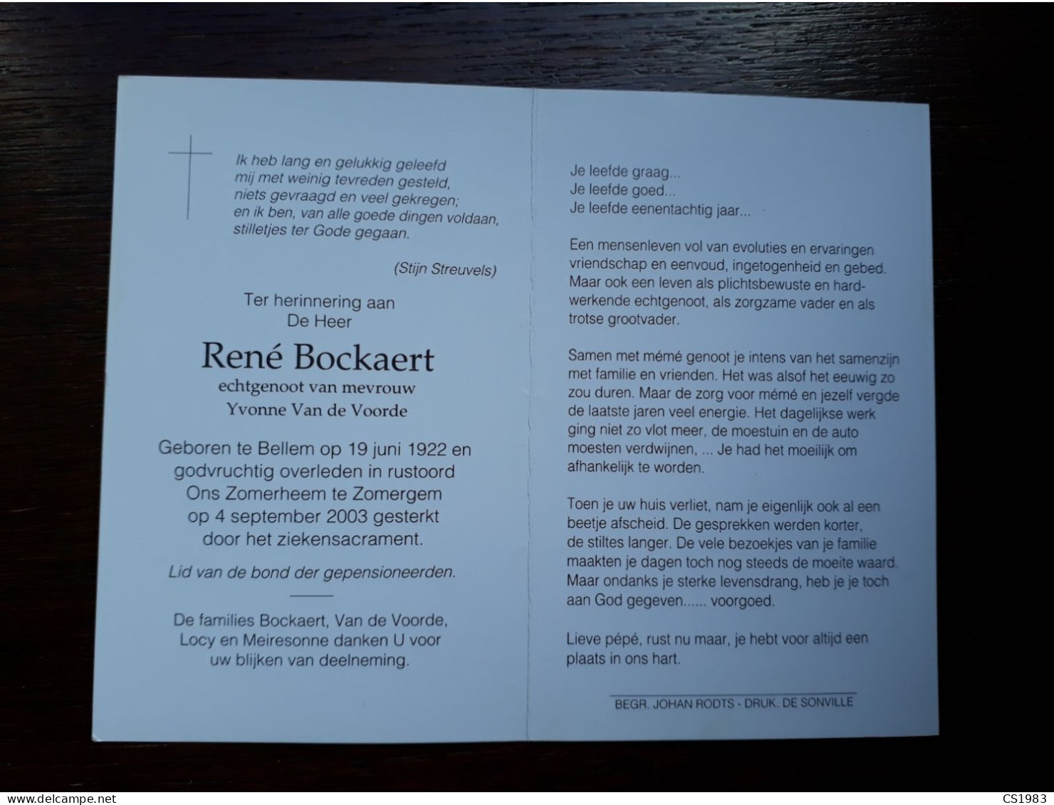 René Bockaert ° Bellem 1922 + Zomergem 2003 X Yvonne Van De Voorde (Fam: Locy - Meiresonne) - Décès