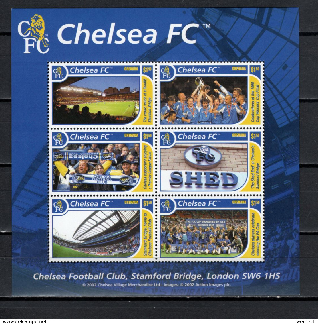 Grenada 2002 Football Soccer, Chelsea Football Club Sheetlet MNH - Club Mitici