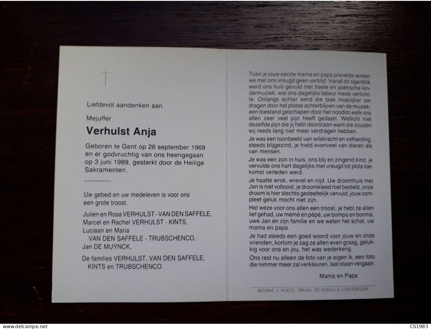 Anja Verhulst ° Gent 1969 + Gent 1989 (Fam: Van Den Saffele - Kints - Trubschenco - De Muynck) - Obituary Notices