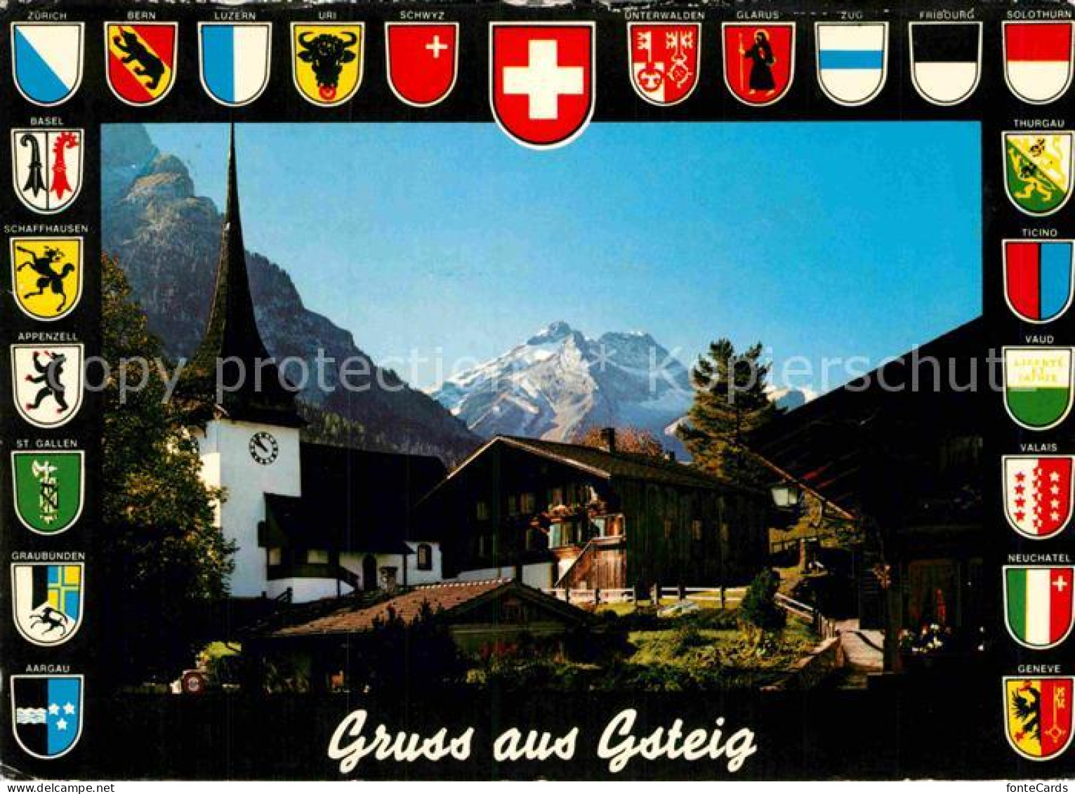 12875574 Gsteig Ortsmotiv Mit Kirche Blick Zum Oldenhorn Les Diablerets Wappen G - Altri & Non Classificati