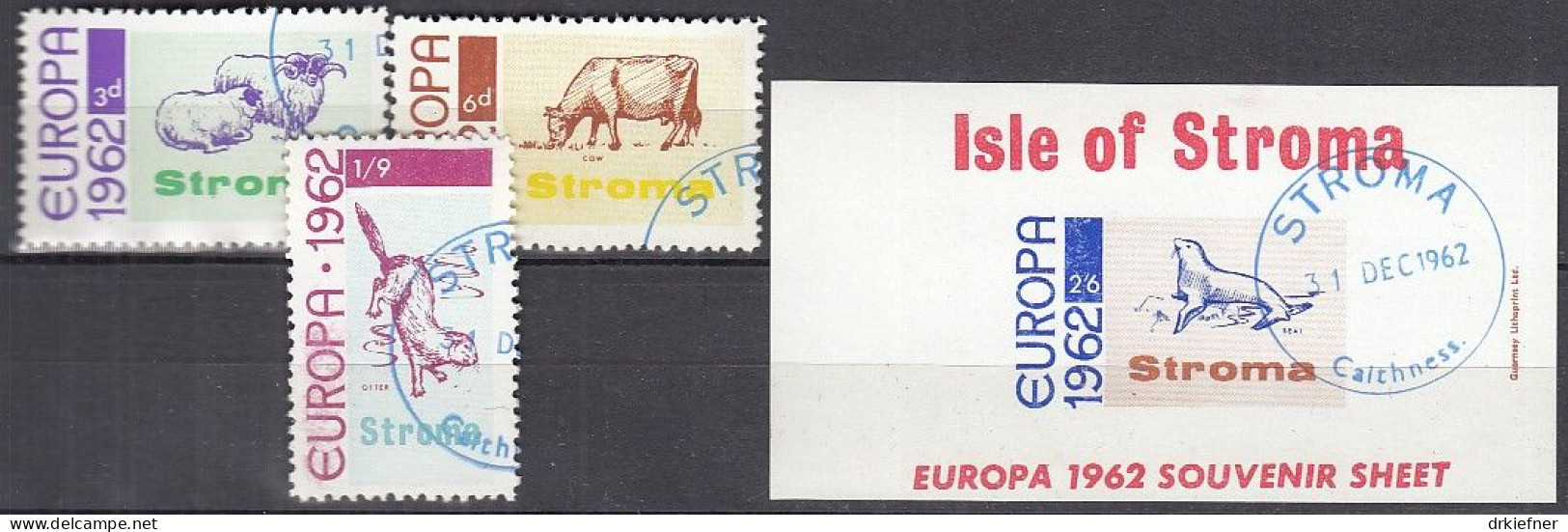 INSEL STROMA (Schottland), Nichtamtl. Briefmarken, Stroma To Huna, Block + 3 Marken, Gestempelt, Europa 1962, Tiere - Scotland