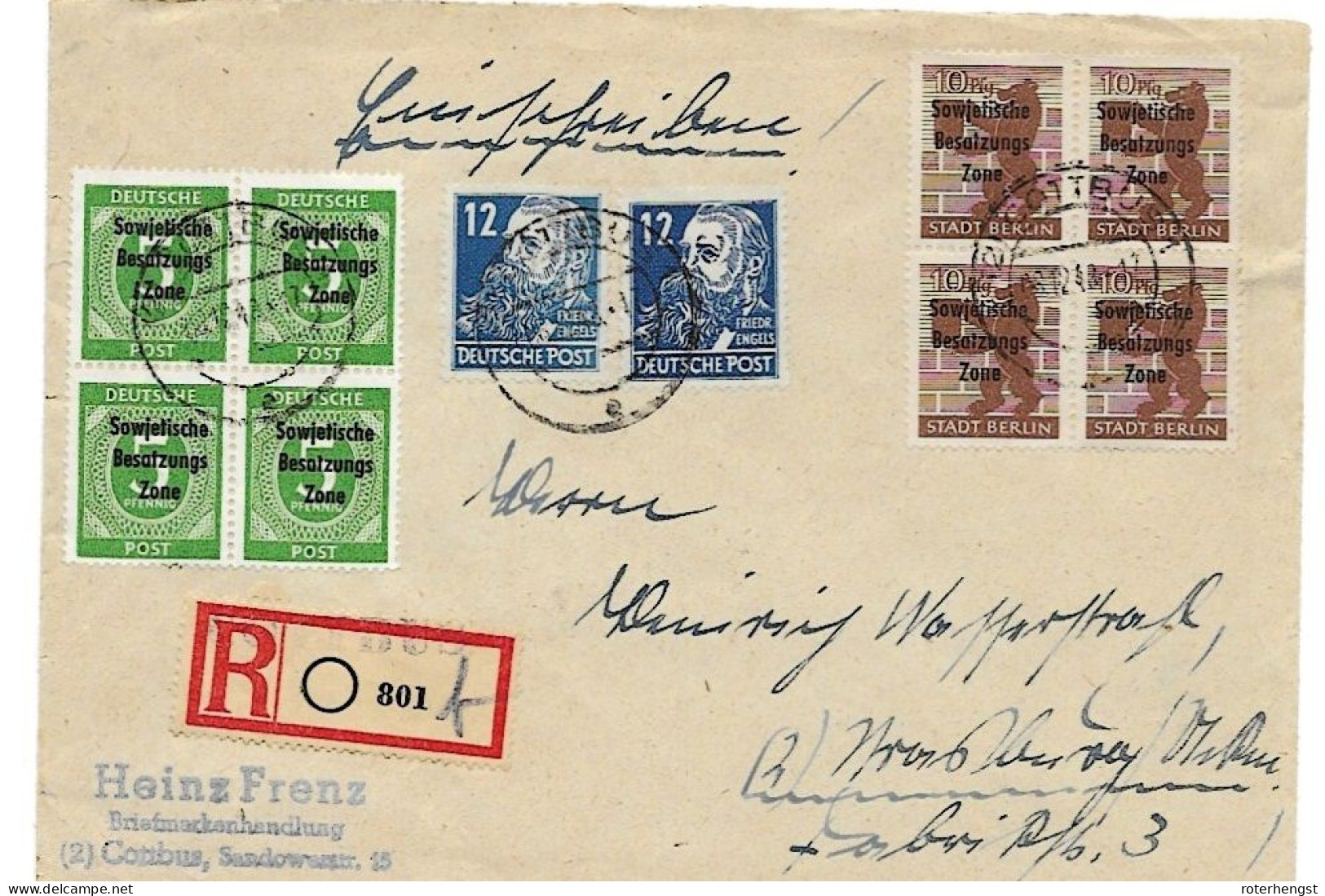 Cottbus Registered Letter 1948 To Strasburg Zuckermark (12Pf Different Colours) - Storia Postale