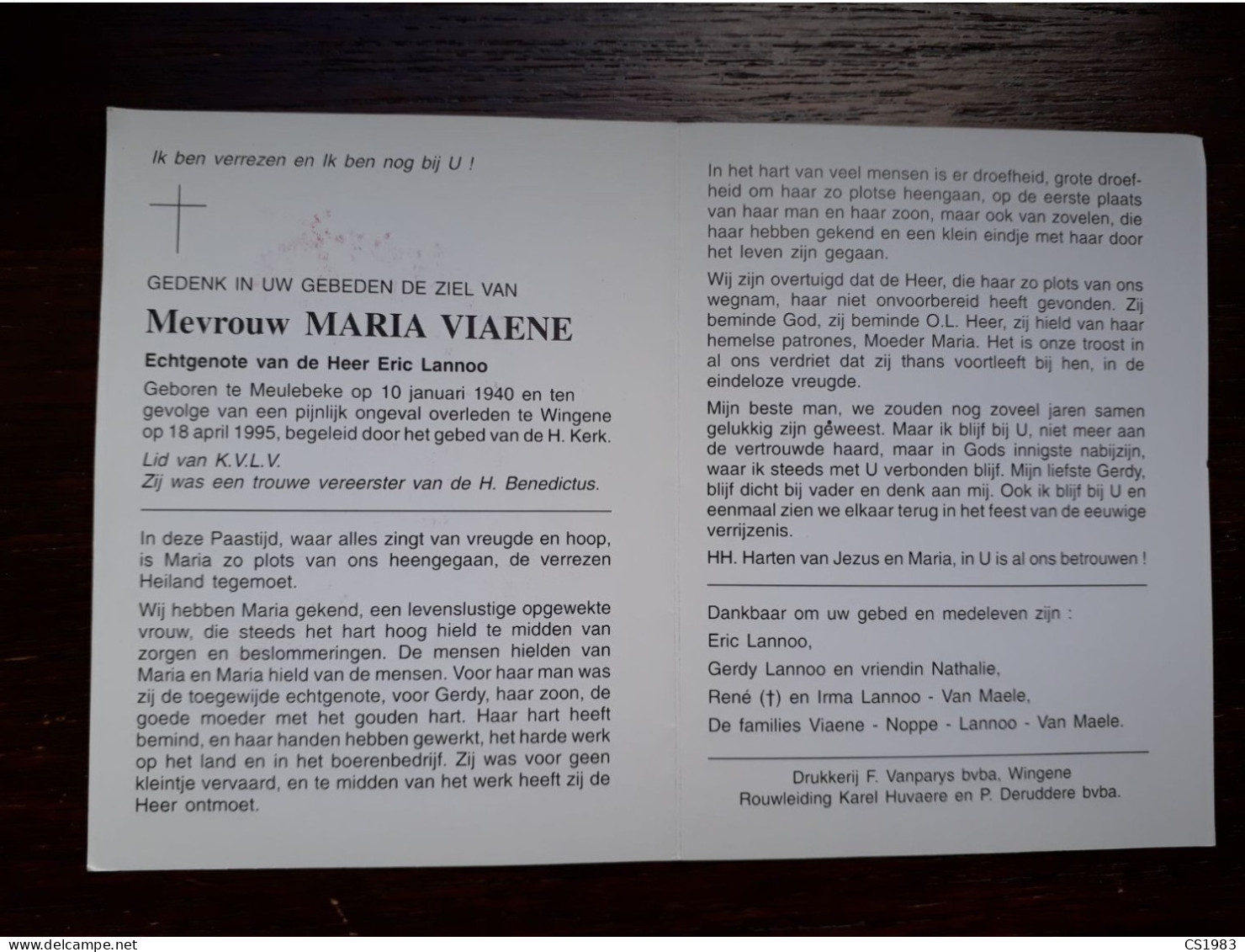 Maria Viane ° Meulebeke 1940 + Wingene 1995 X Eric Lannoo (Fam: Noppe - Van Maele) - Décès