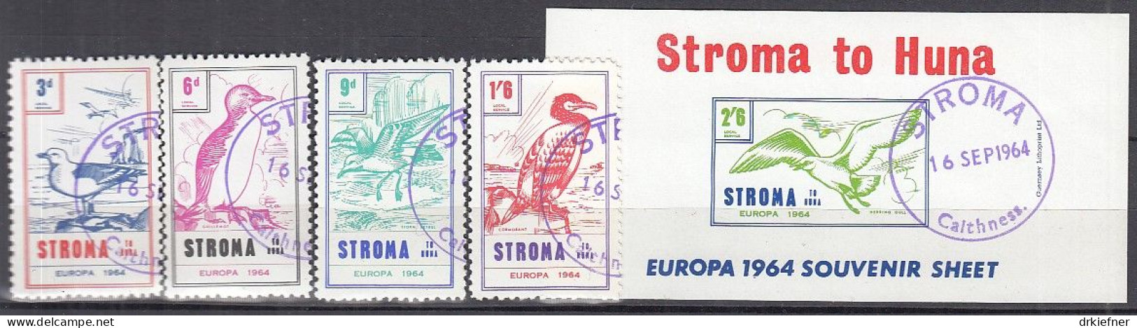 INSEL STROMA (Schottland), Nichtamtl. Briefmarken, Stroma To Huna, Block + 4 Marken, Gestempelt, Europa 1964, Vögel - Schottland
