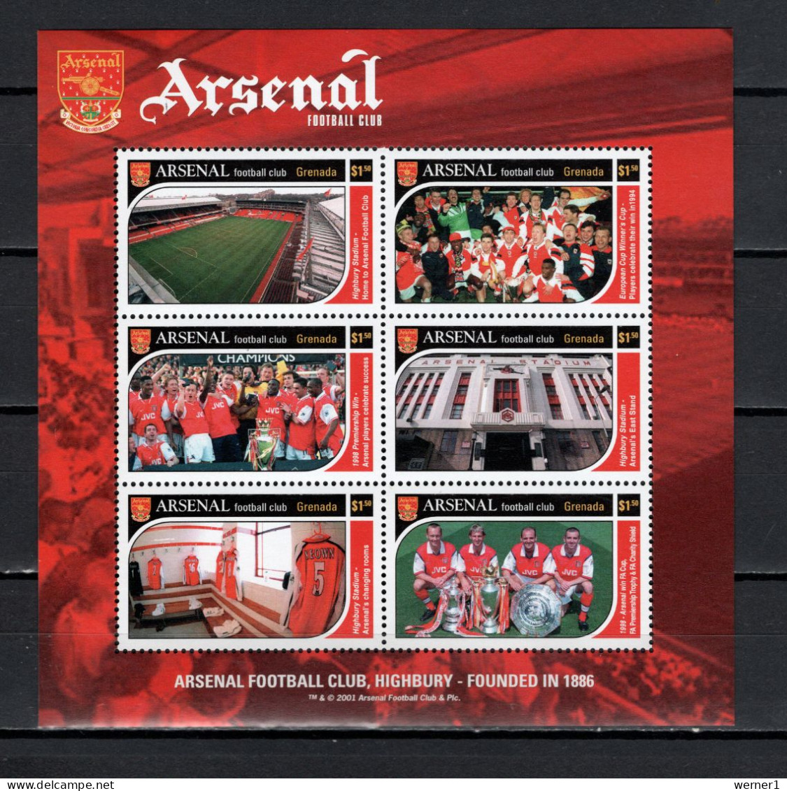 Grenada 2001 Football Soccer, Arsenal Football Club, Highbury Sheetlet MNH - Club Mitici