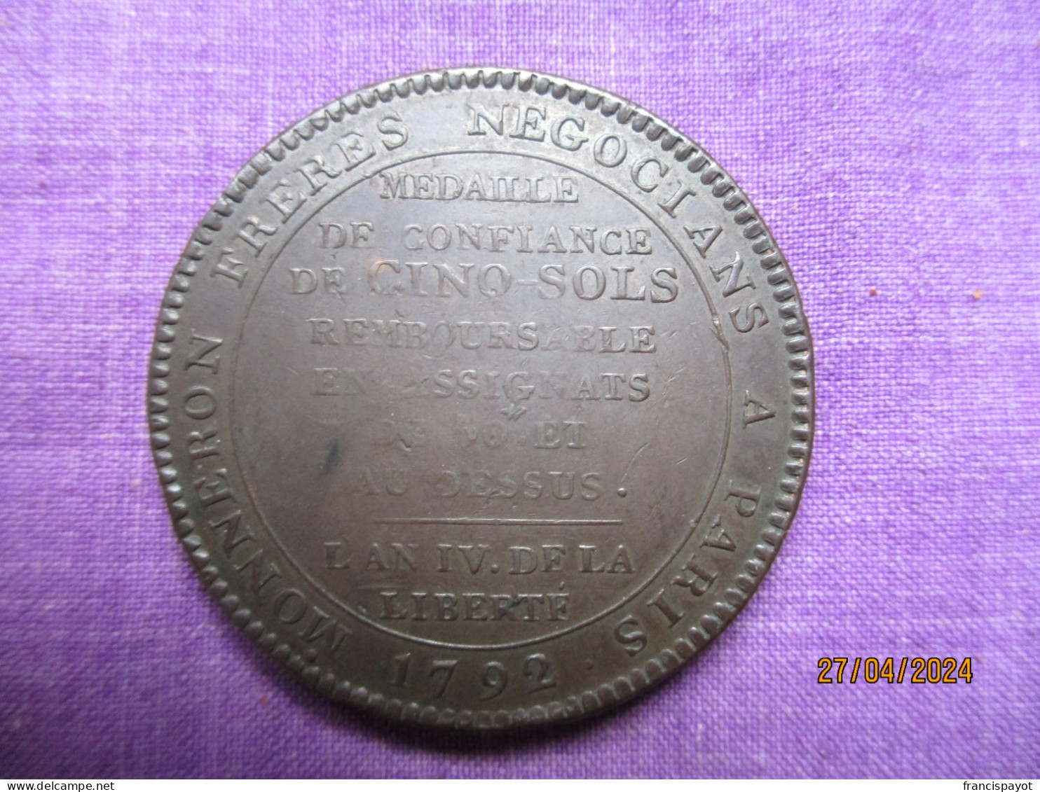 France: Médaille De Confiance 5 Sols 1792 - Monetary / Of Necessity