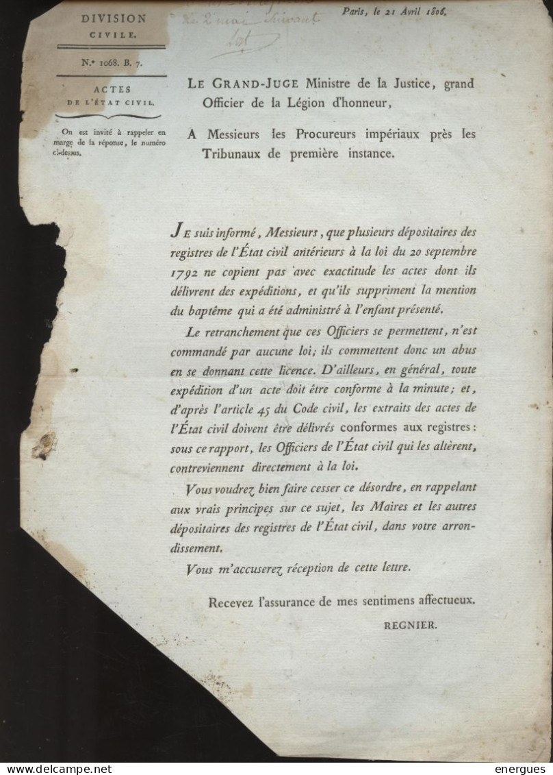 Claude Régnier,Grand Juge Ministre De  Justice,1806, Circulaire  Procureurs Impériaux,mention Du  Baptême Dans Les Actes - Historical Documents
