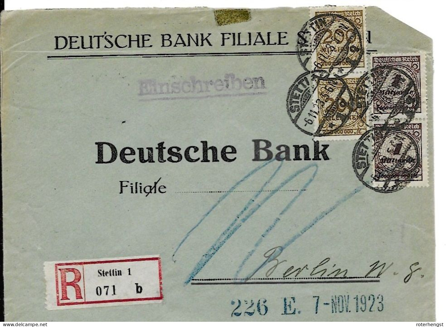 6.11.1923 Registered Infla Letter Deutsche Bank (sticker On Backside) Stettin (2,4 Milliarden Tariff) - Brieven En Documenten