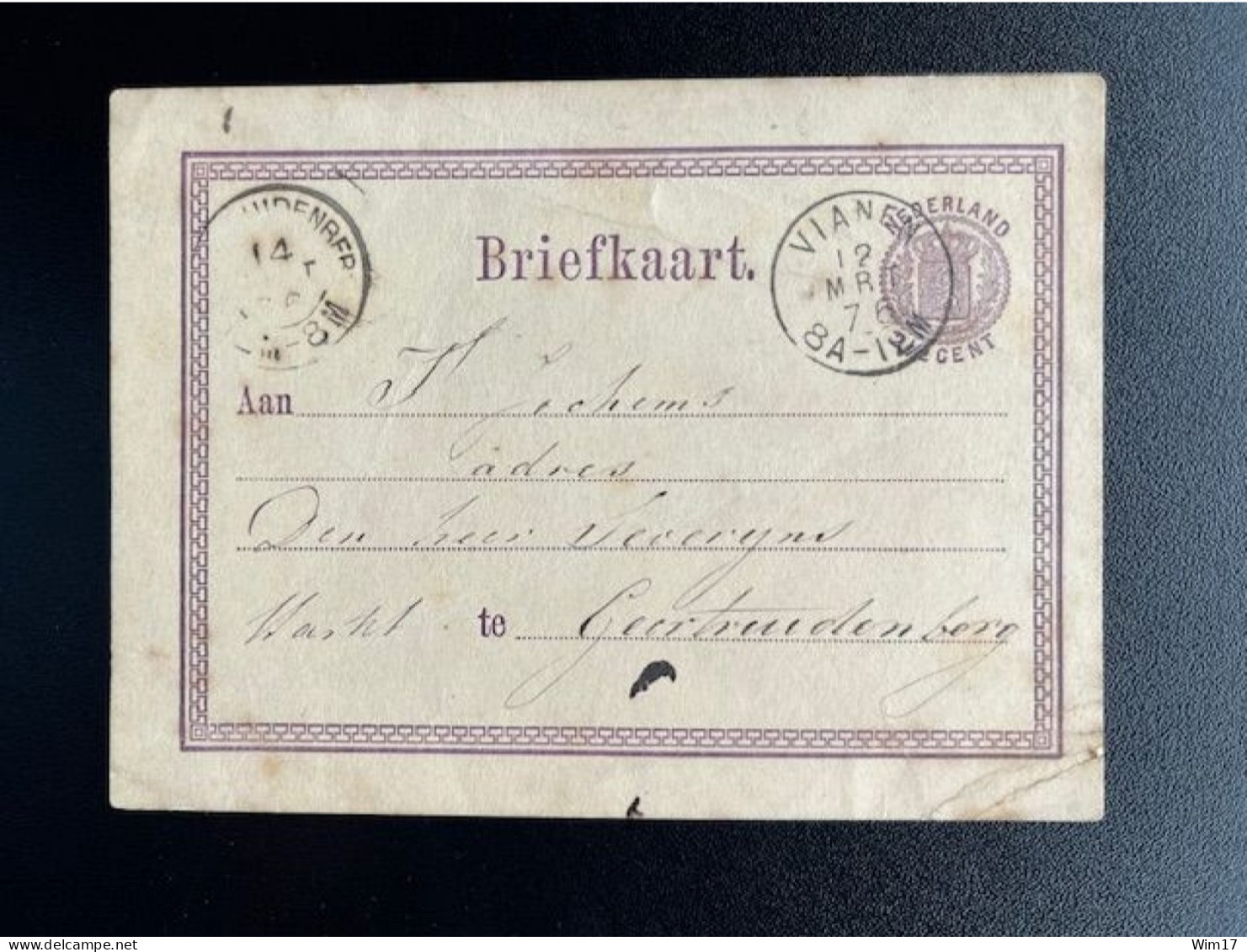 NETHERLANDS 1876 POSTCARD VIANEN TO GEERTRUIDENBERG 12-03-1876 NEDERLAND BRIEFKAART - Postal Stationery