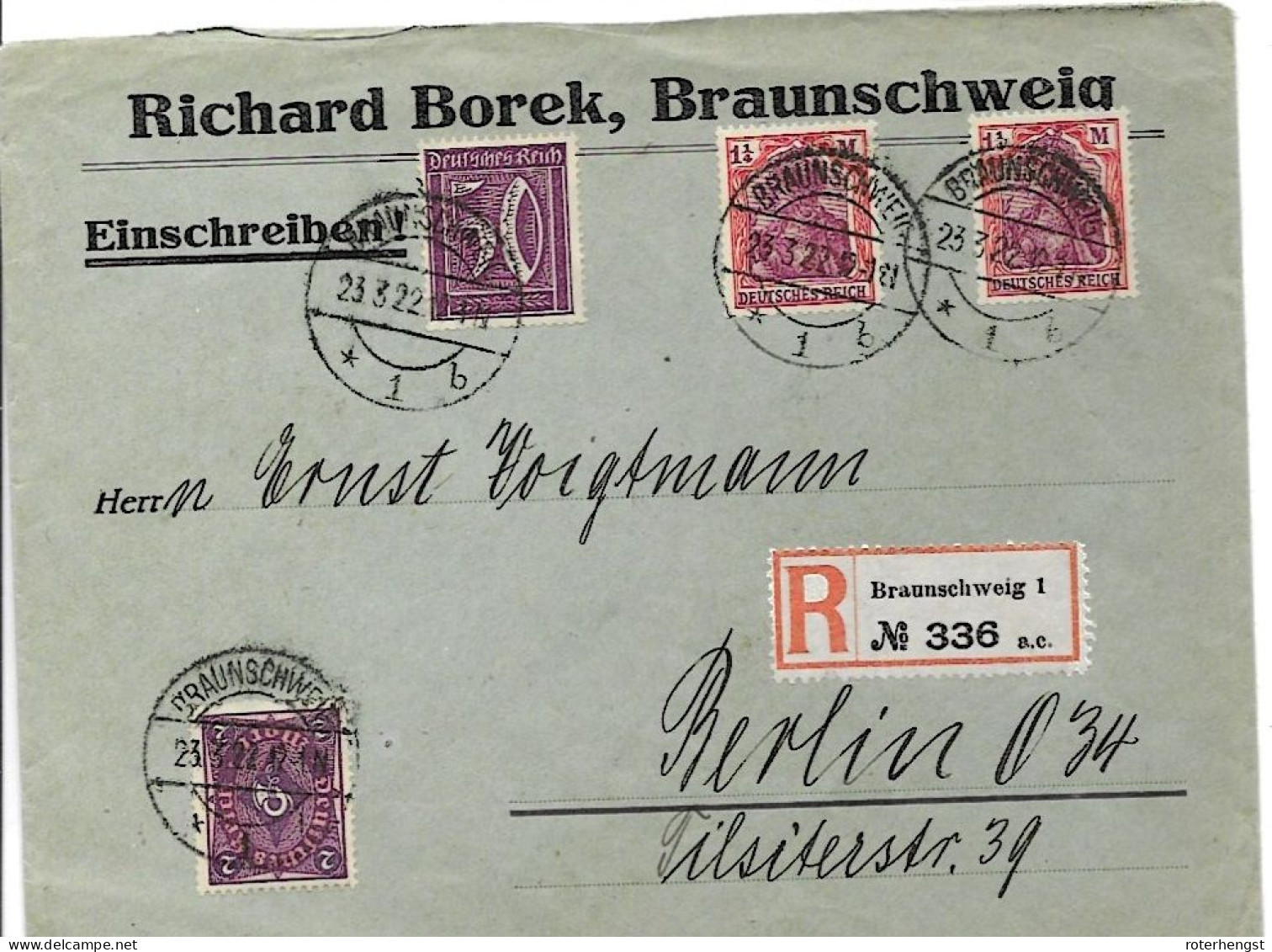 23.03.1922 Braunschweig Registered Letter To Berlin From Borek 5 Mark Tariff - Covers & Documents