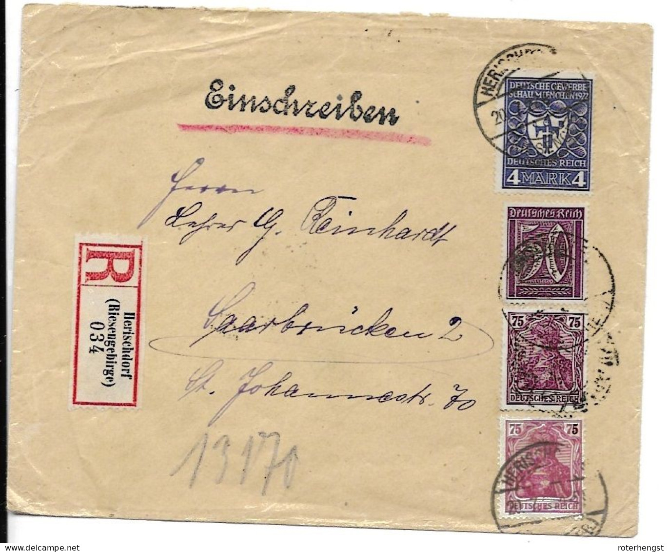 20.07.1922 Herischdorf Registered Letter To Saarbruecken 6 Mark Tariff - Lettres & Documents