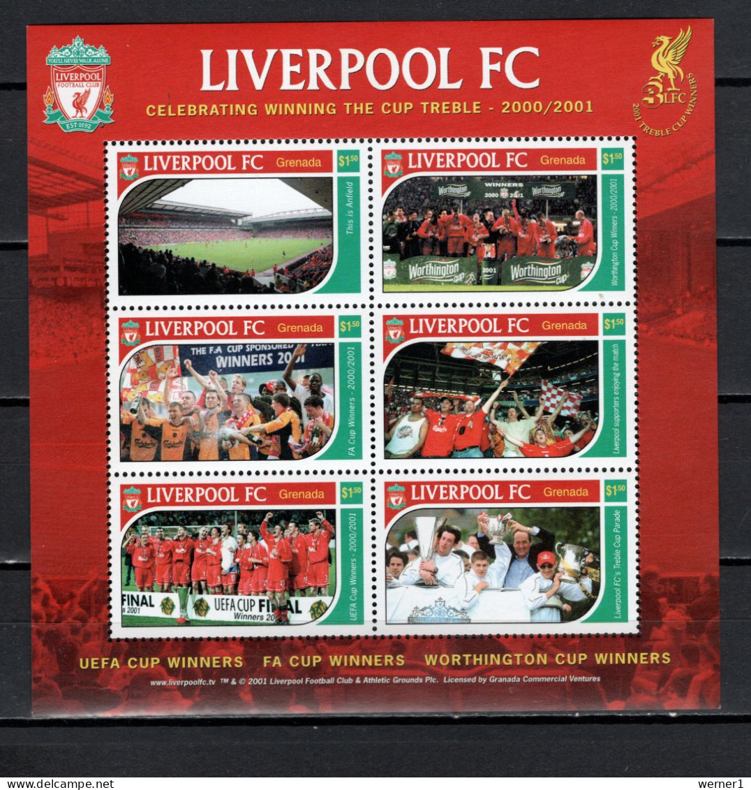 Grenada 2001 Football Soccer, Liverpool Football Club Sheetlet MNH - Berühmte Teams