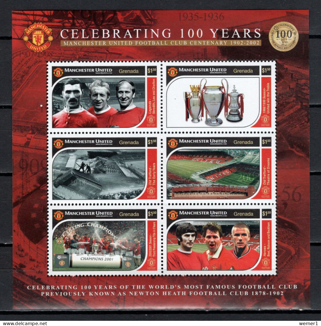 Grenada 2001 Football Soccer, Manchester United Football Club Sheetlet MNH - Famous Clubs
