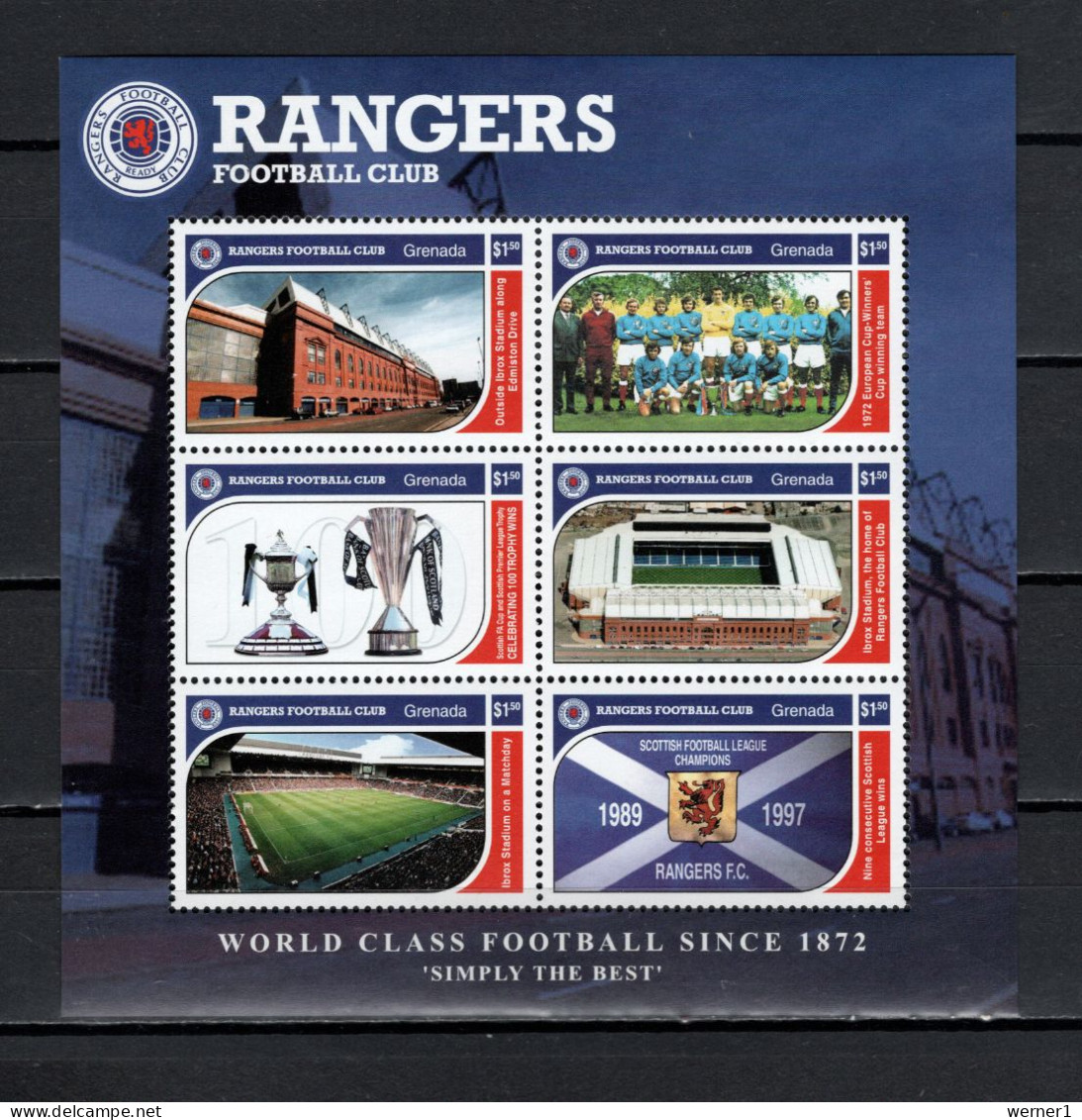 Grenada 2001 Football Soccer, Rangers Football Club, Glasgow Sheetlet MNH - Famous Clubs