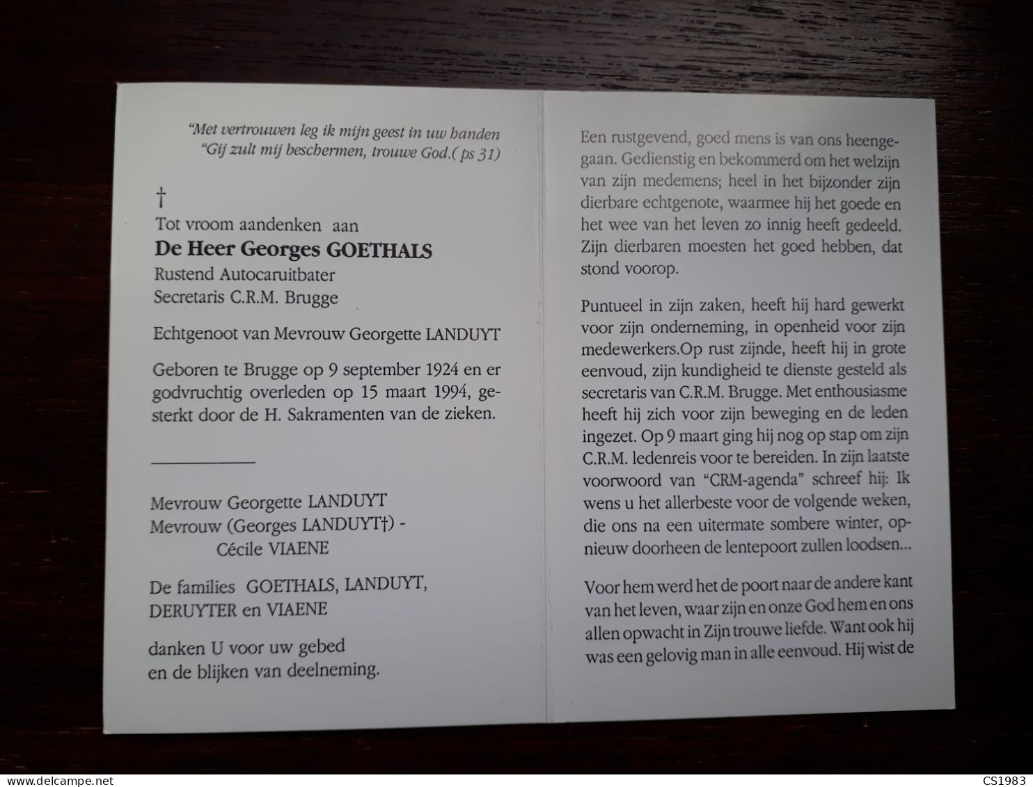 Georges Goethals ° Brugge 1924 + Brugge 1994 X Georgette Landuyt (Fam: Deruyter - Viane) - Décès