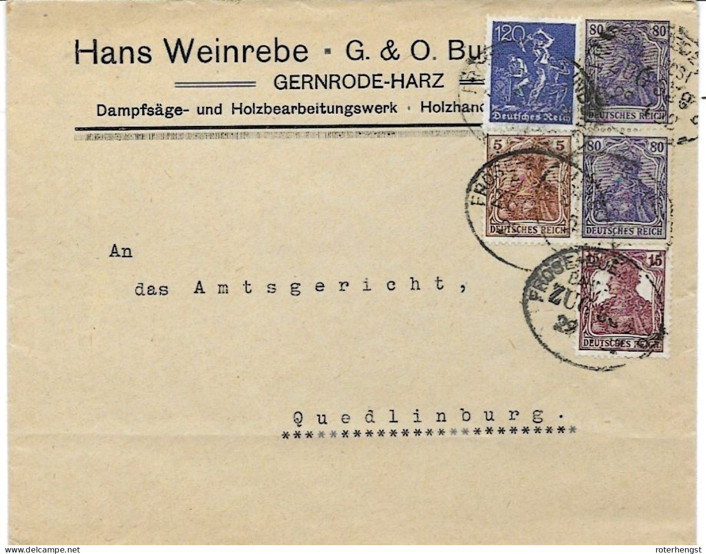 Infla Letter Gernrode To Quedlingburg Bahnpost Frose 1922 - Lettres & Documents