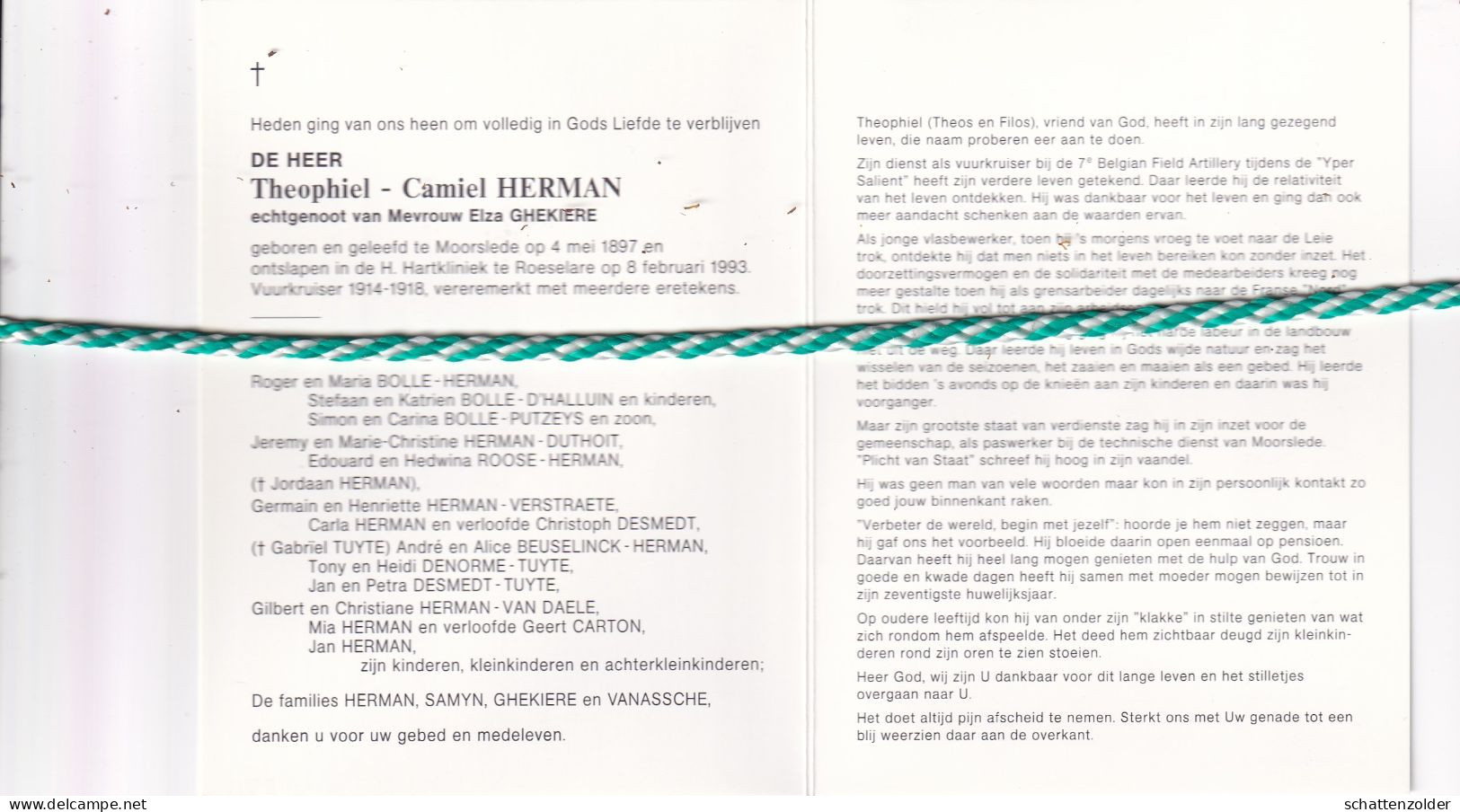 Theophiel Camiel Herman-Ghekiere, Moorslede 1897, Roeselare 1993. Oud-strijder Vuurkruiser 14-18. Foto - Décès