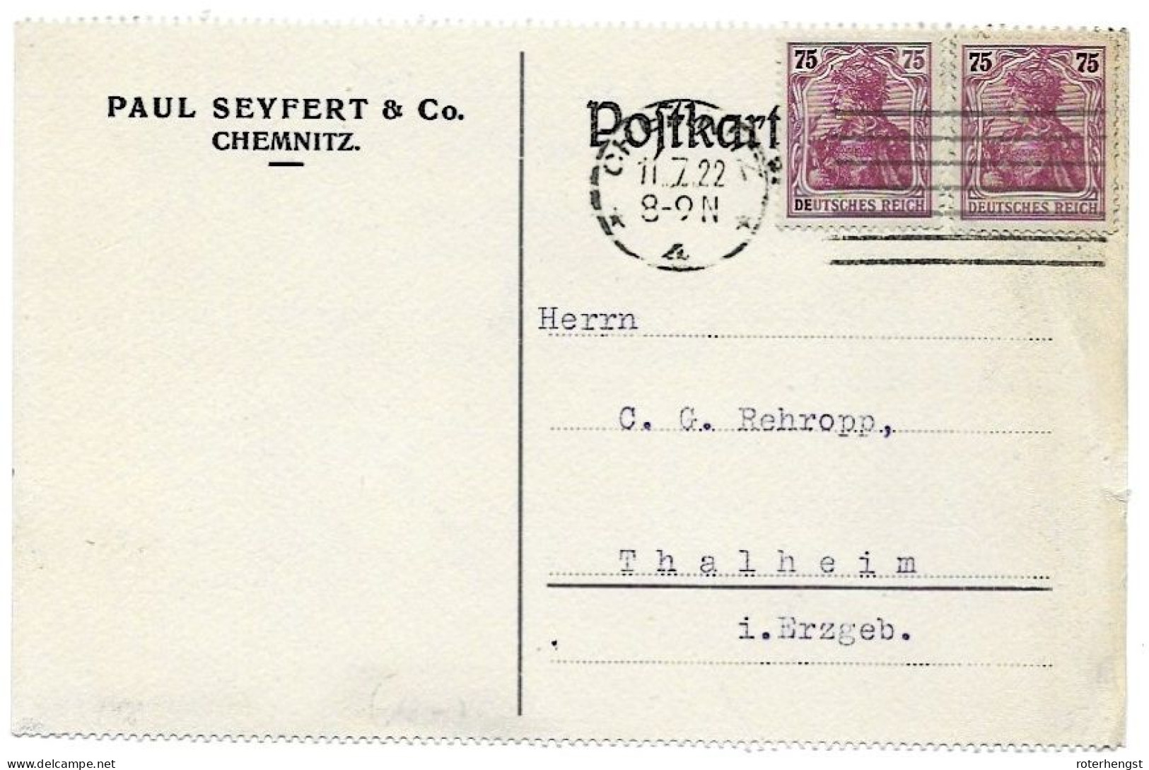 1922 Letter And Card With Two Pairs Of Different Colours Of The 75 Pfg Germania (2 Scans) - Briefe U. Dokumente