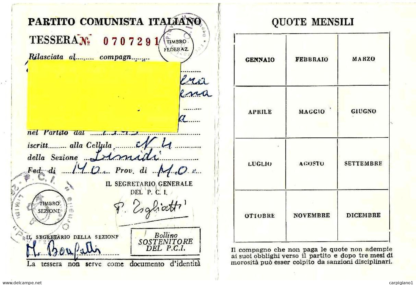 1960 Tessera PCI Partito Comunista Italiano Con Timbri - Historische Documenten