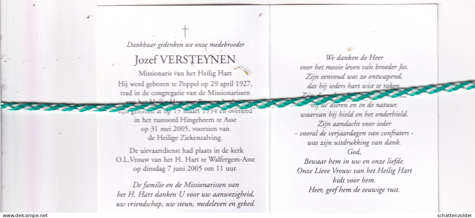 Broeder Jozef Versteynen, Poppel 1927, Asse 2005. Missionaris H.Hart. Foto - Décès