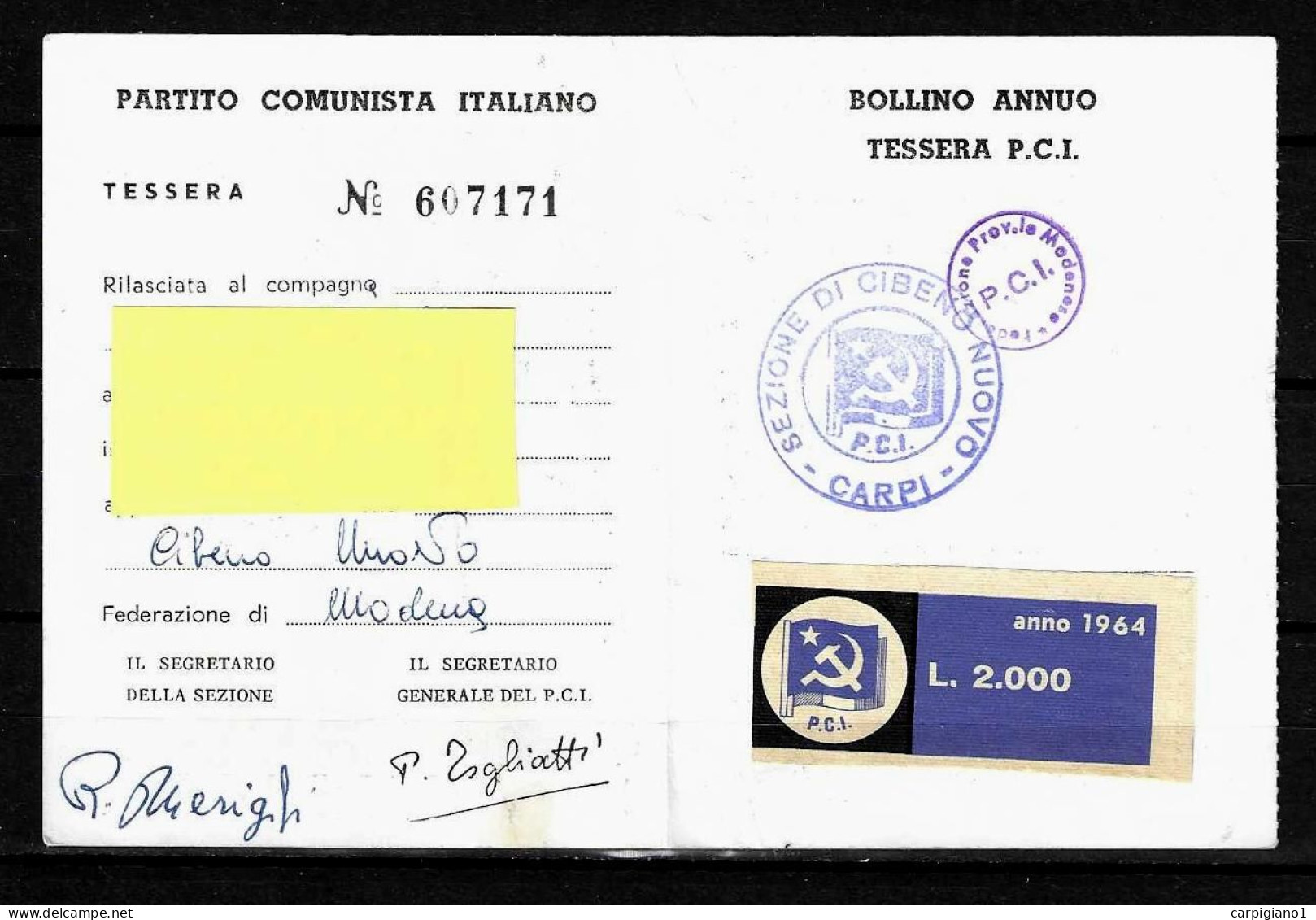 1964 Tessera PCI Partito Comunista Italiano Con Timbri E Bollino - Historical Documents