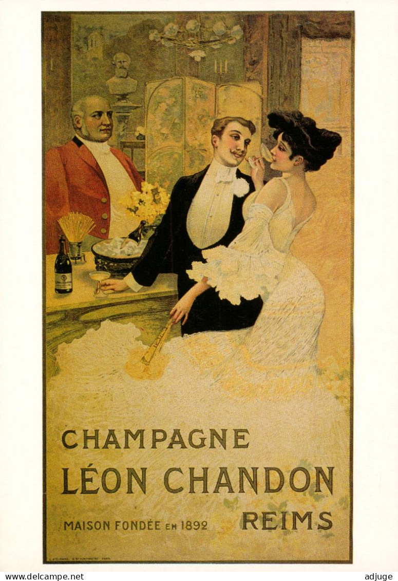 CPM-Affiche Publicité CHAMPAGNE LÉON CHANDON Reims- Art Nouveau *Couple - Femme élégante -Robe Sup - Éventail*TBE - Werbepostkarten