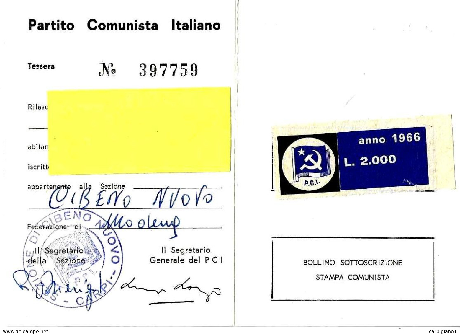 1966 Tessera PCI Partito Comunista Italiano Con Timbro E Bollino - Documents Historiques