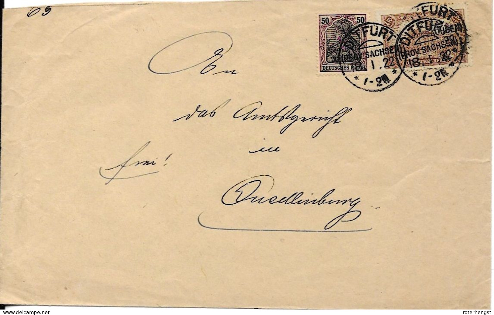 1922 Letter Ditfurt To Quedlingburg With Michel 114b And 91 II - Lettres & Documents