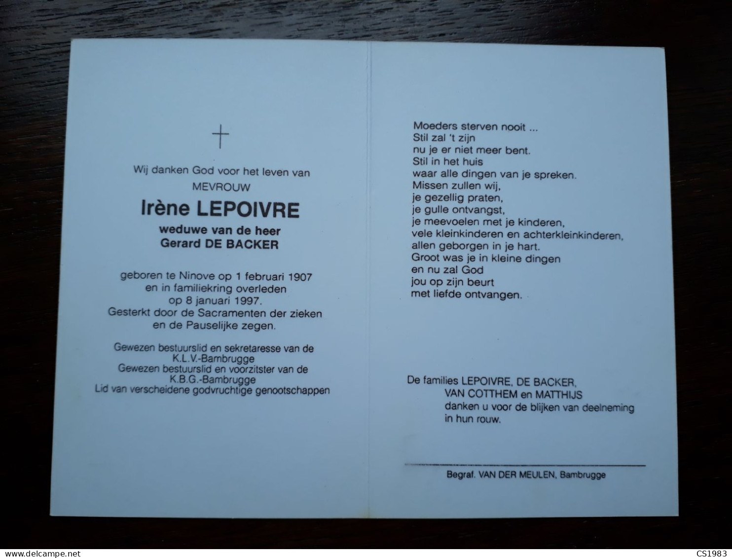 Irène Lepoivre ° Ninove 1907 + 1997 X Gerard De Backer (Fam: Van Cotthem - Matthijs) - Bambrugge - Décès
