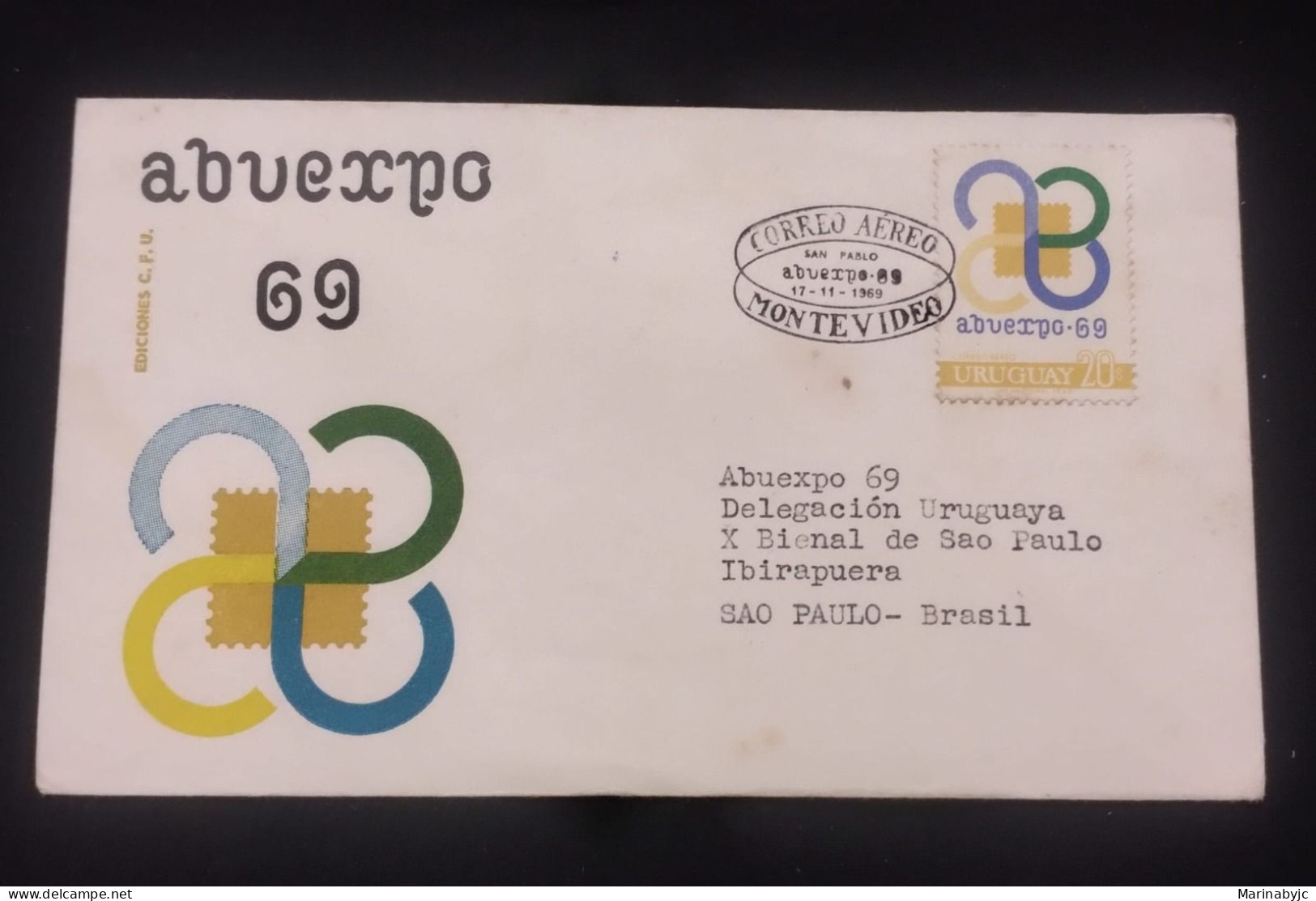 D)1969, URUGUAY, LETTER SENT TO BRAZIL, AIR MAIL, WITH PHILATELIC EXHIBITION STAMP "ABUEXPO 69", SAO PAULO, BRAZIL, XF - Uruguay