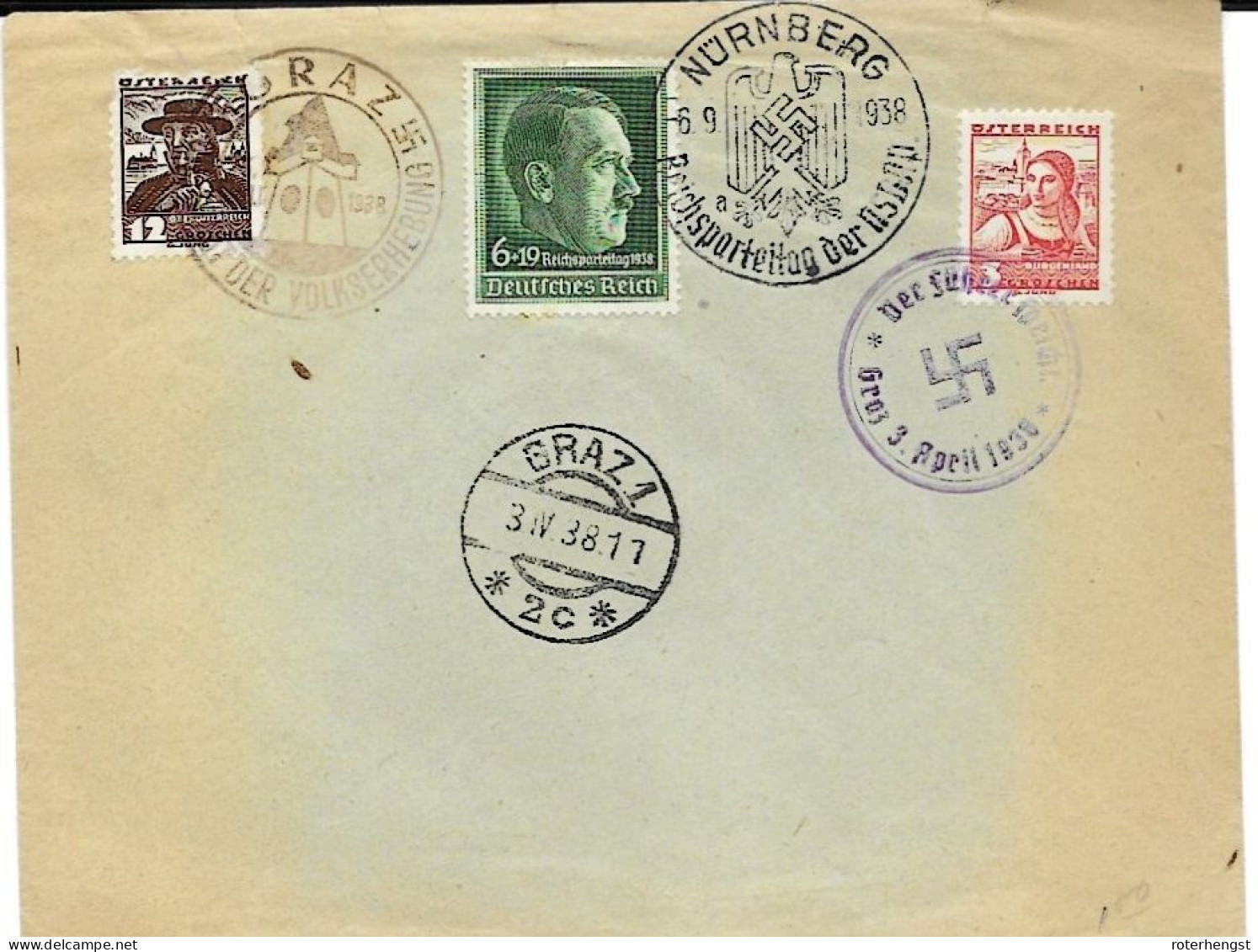 1938 Reichsparteitag 6.9.1938 Graz Volkserhebung 3.4.1938 Austrian And Reich Stamps On Envelope - Brieven En Documenten