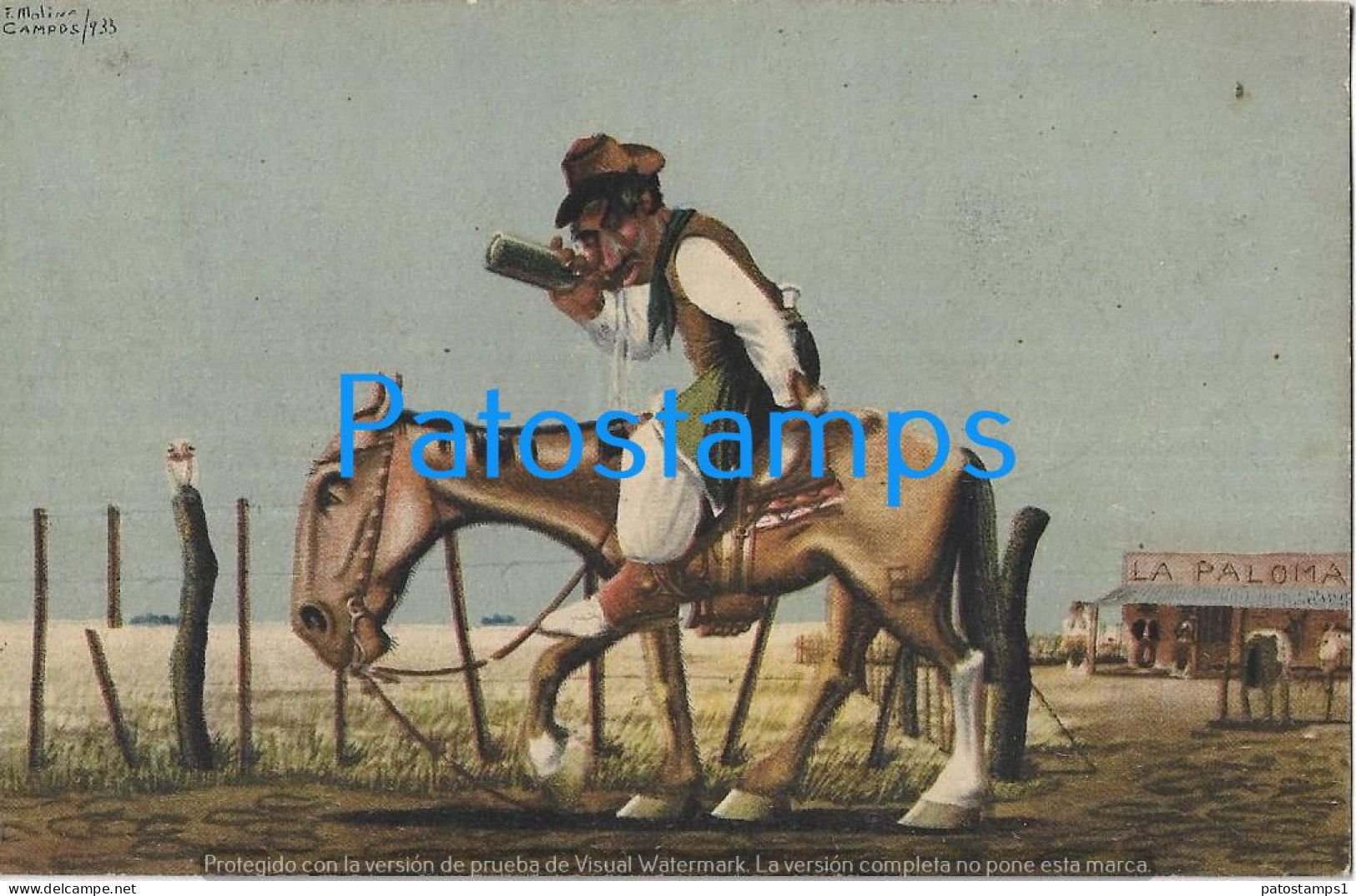 227774 ARGENTINA ART ARTE SIGNED MOLINA CAMPOS HUMOR THE DRUNK GAUCHO ON HORSE POSTAL POSTCARD - Autres & Non Classés