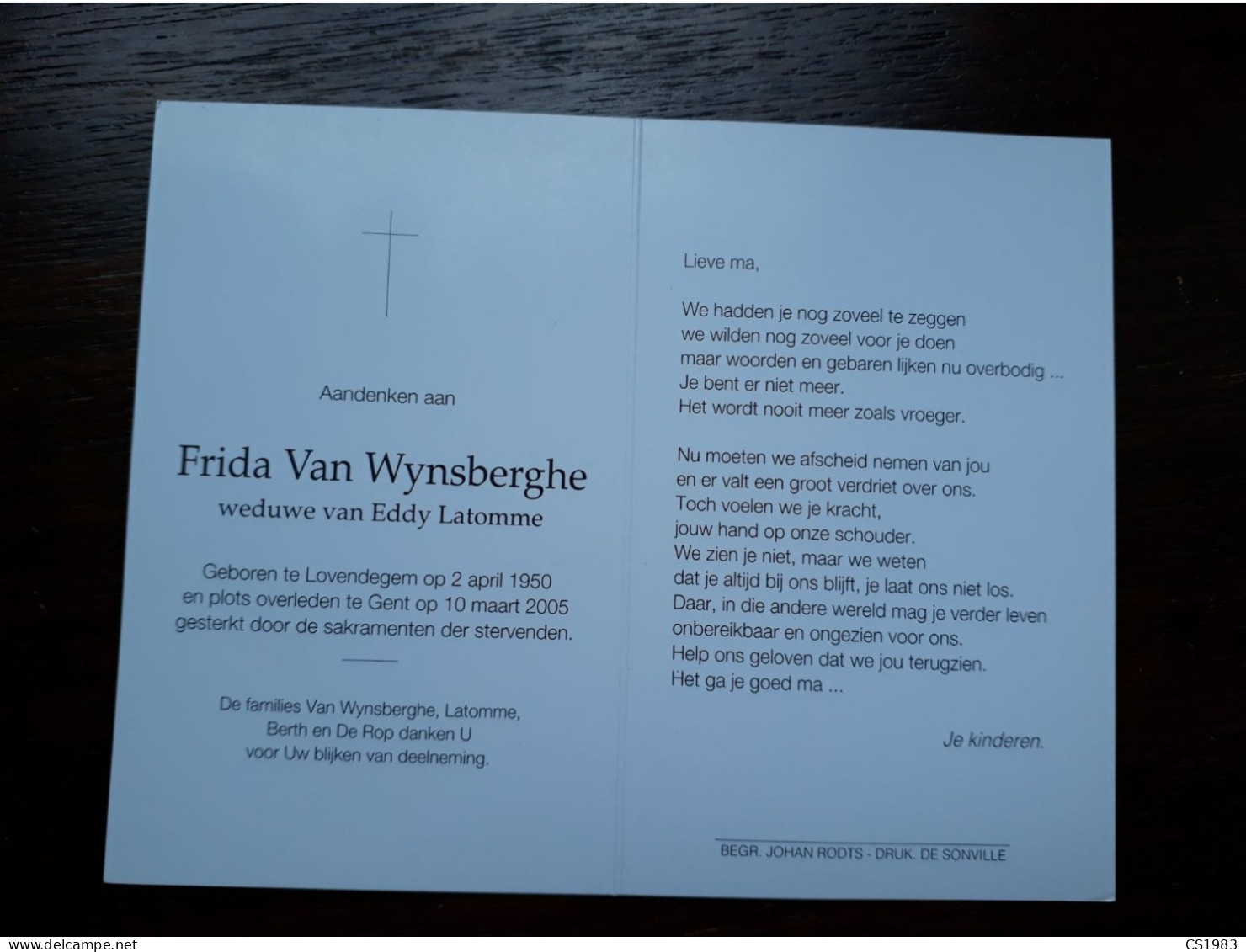 Frida Van Wynsberghe ° Lovendegem 1950 + Gent 2005 X Eddy Latommer (Fam: Berth - De Rop) - Todesanzeige