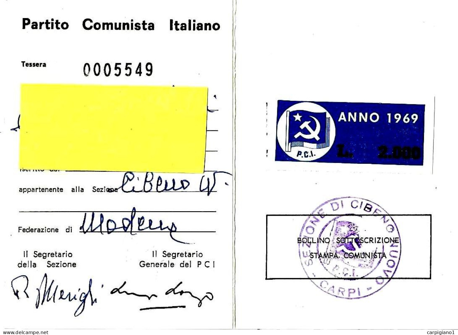 1969 Tessera PCI Partito Comunista Italiano Con Timbro E Bollino - Historical Documents