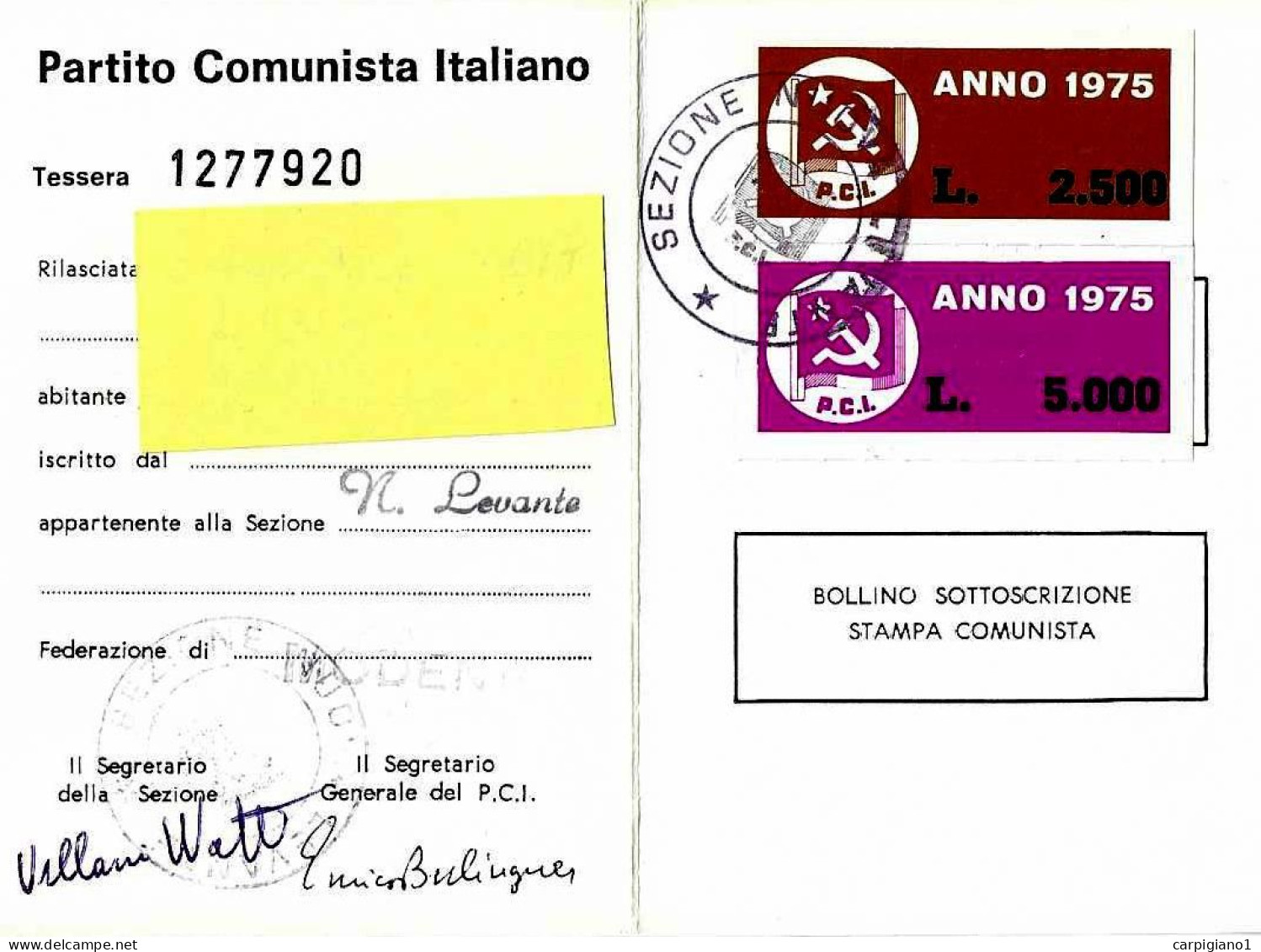 1975 Tessera PCI Partito Comunista Italiano Con Timbri E Bollini - 30° Liberazione - Historische Documenten