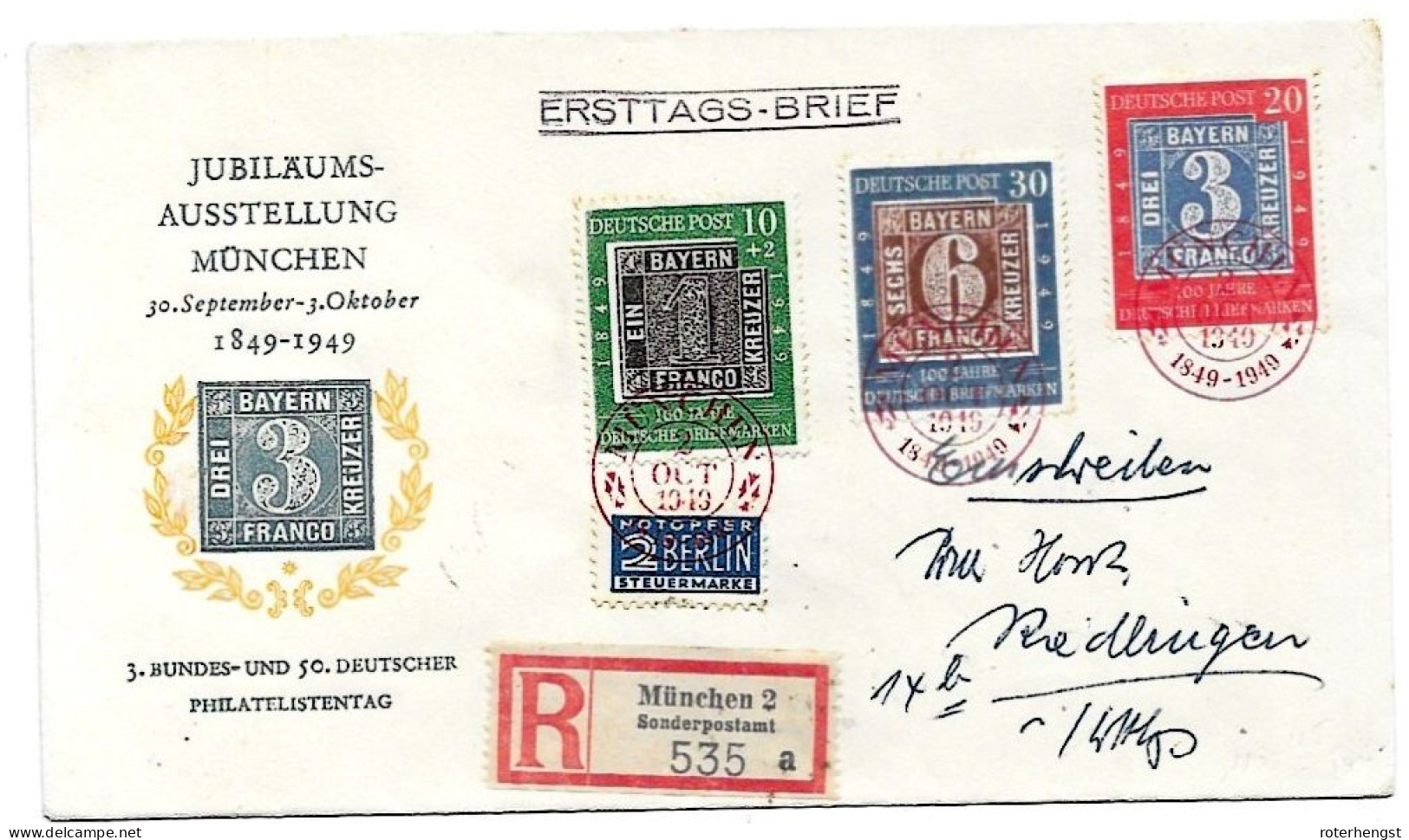 Germany 1949 Stamp On Stamp Set On Circulated Registered Letter To Riedlingen (arrival Cancel On Back) 210 Euros - Storia Postale