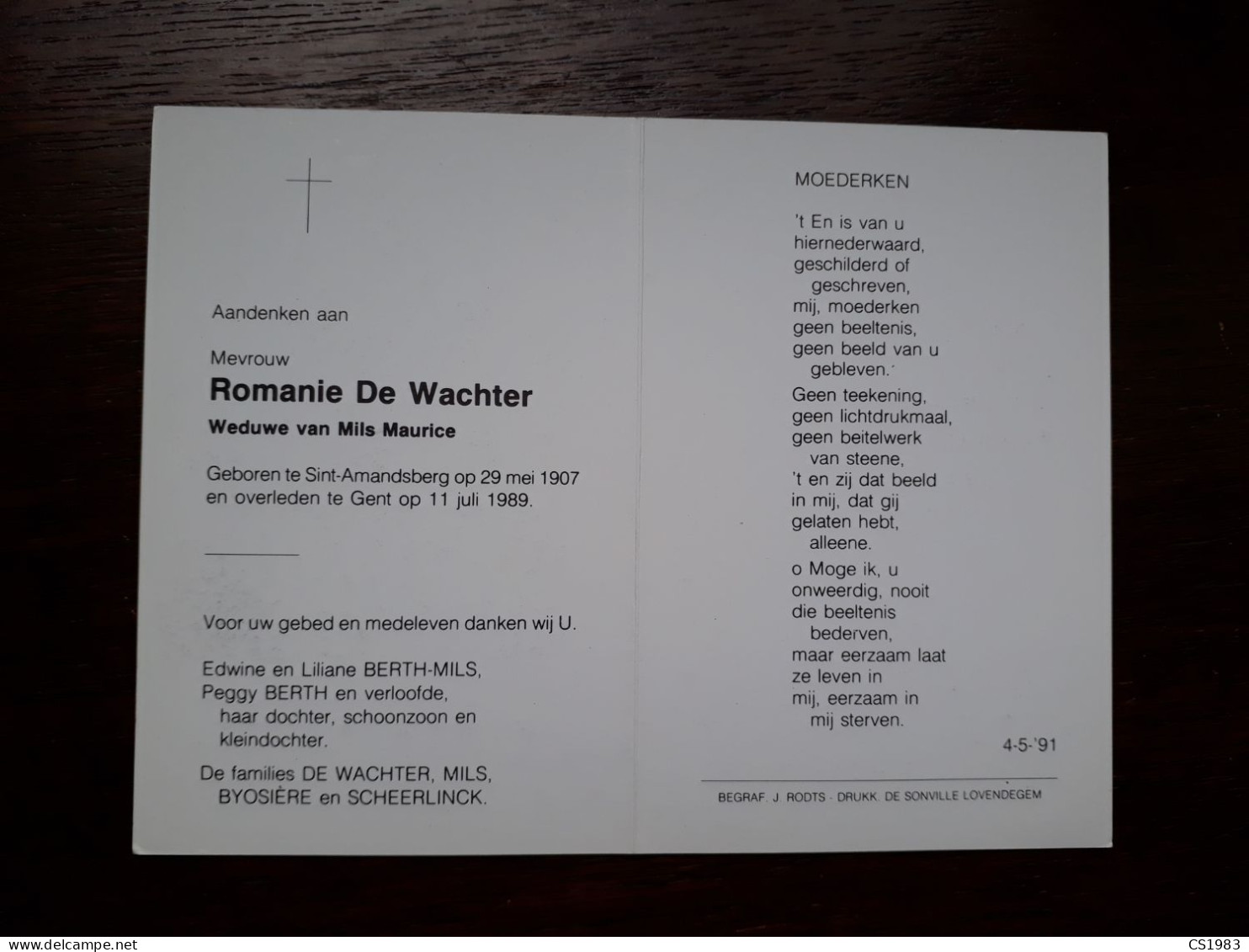 Romanie De Wachter ° Sint-Amandsberg 1907 + Gent 1989 X Maurice Mils (Fam: Byosière - Scheerlinck) - Décès