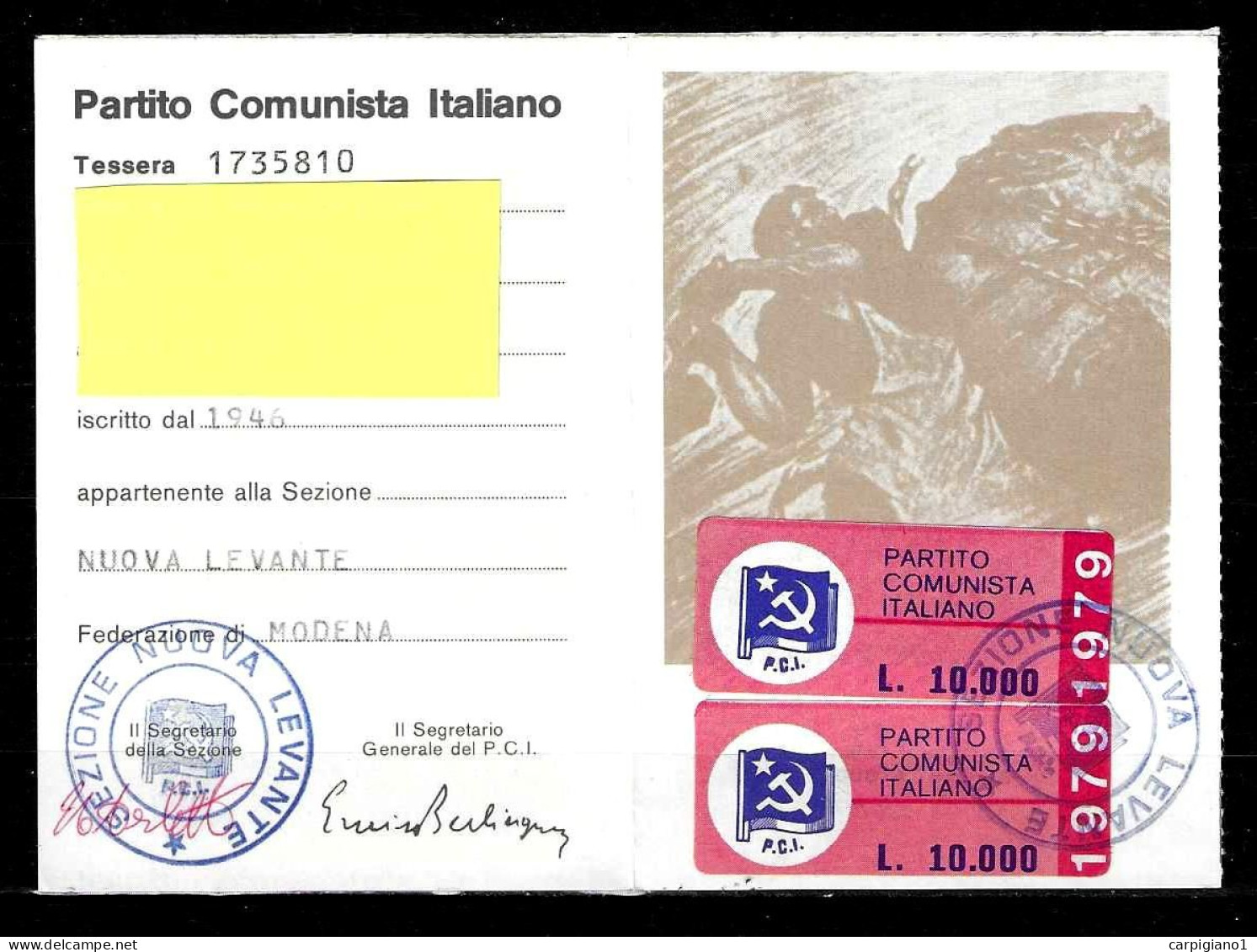 1979 Tessera PCI Partito Comunista Italiano Con Timbri E 2 Bollini -all'interno Riproduzione Della Prima Tessera Del PCI - Historical Documents