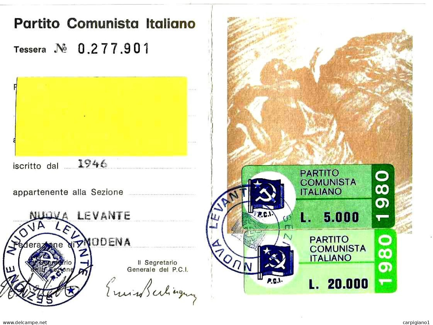 1980 Tessera PCI Partito Comunista Italiano Con Timbro E Bollino - All'interno Riproduzione Della Prima Tessera Del PCI - Historical Documents