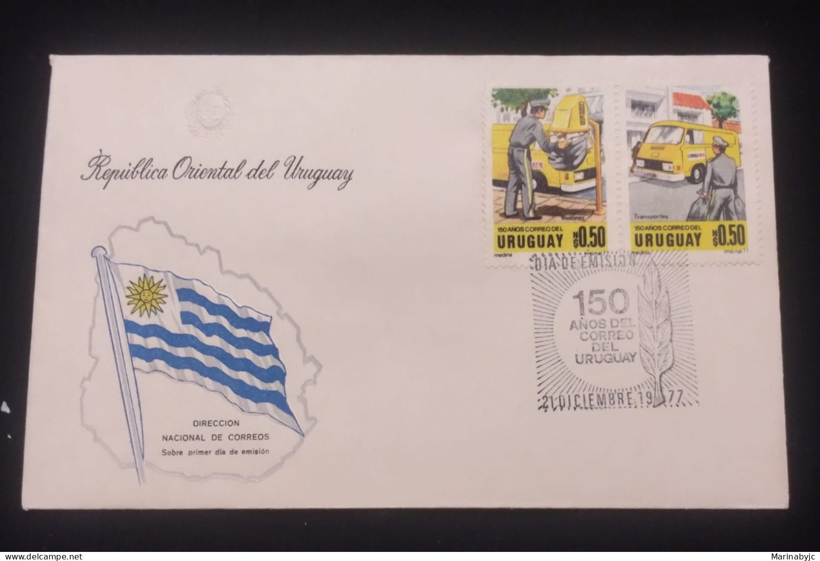 D)1977, URUGUAY, FIRST DAY COVER, ISSUE, 150TH ANNIVERSARY OF THE NATIONAL POSTAL SERVICE, MAIL COLLECTION, DELIVERY TRU - Uruguay